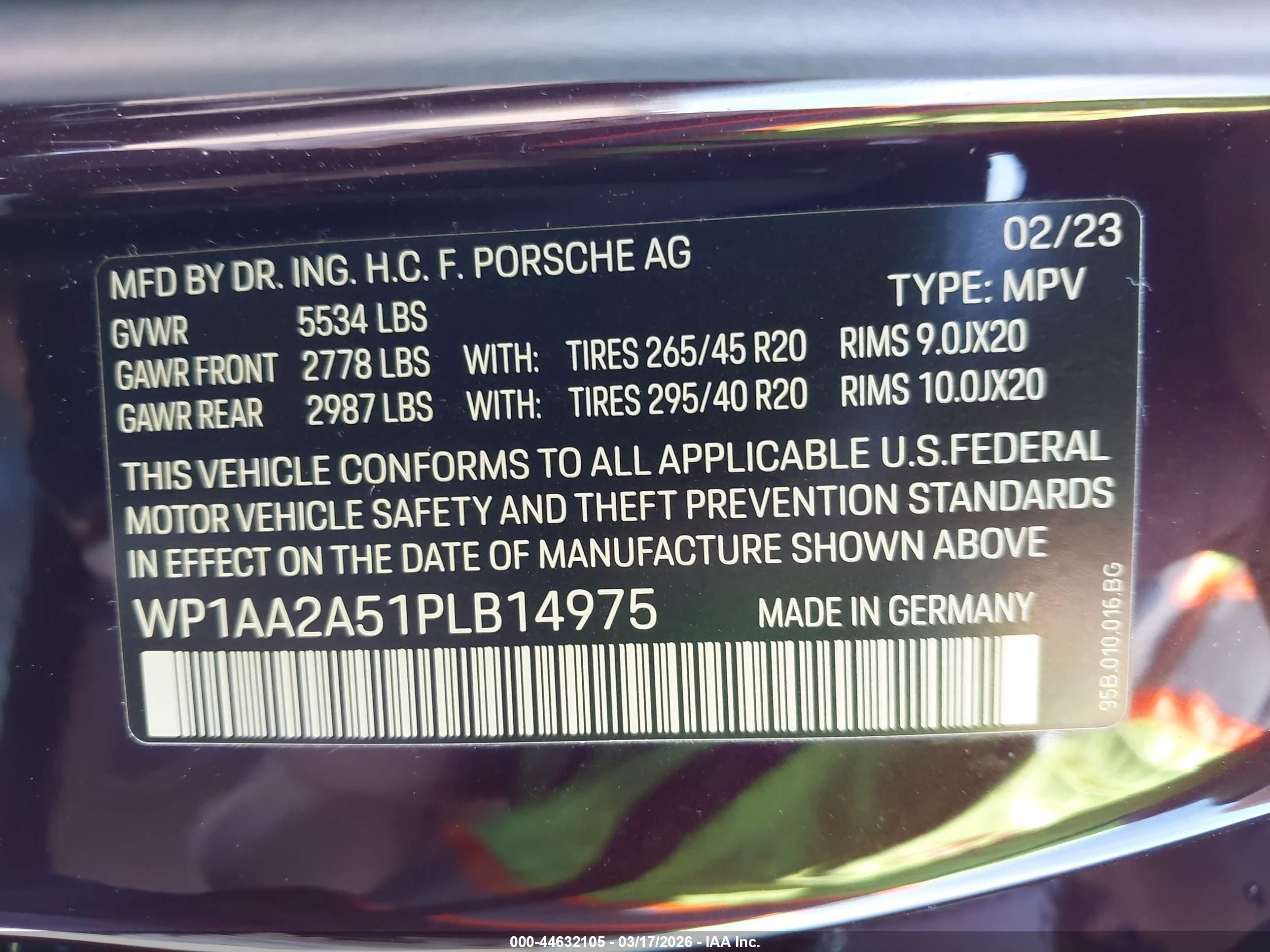 2023 Porsche Macan VIN WP1AA2A51PLB14975 IAAI salvage auction — Unknown, Salvage (California), sold $19,500 on 2026-09-07 (photo 9)