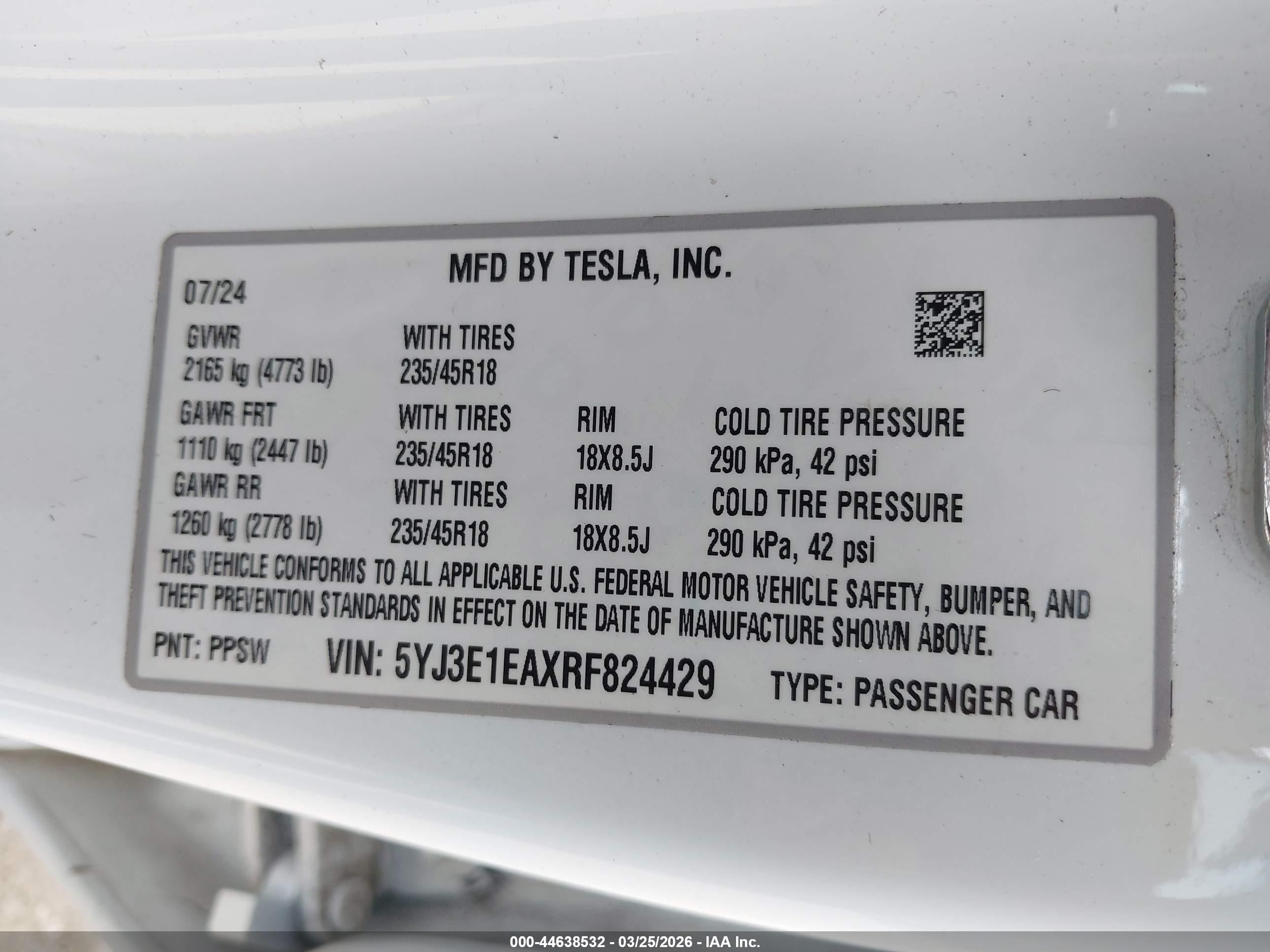 2024 Tesla Model 3 VIN 5YJ3E1EAXRF824429 IAAI salvage auction — Water/Flood, Mv-907A (New York), sold $11,300 on 2026-06-30 (photo 9)