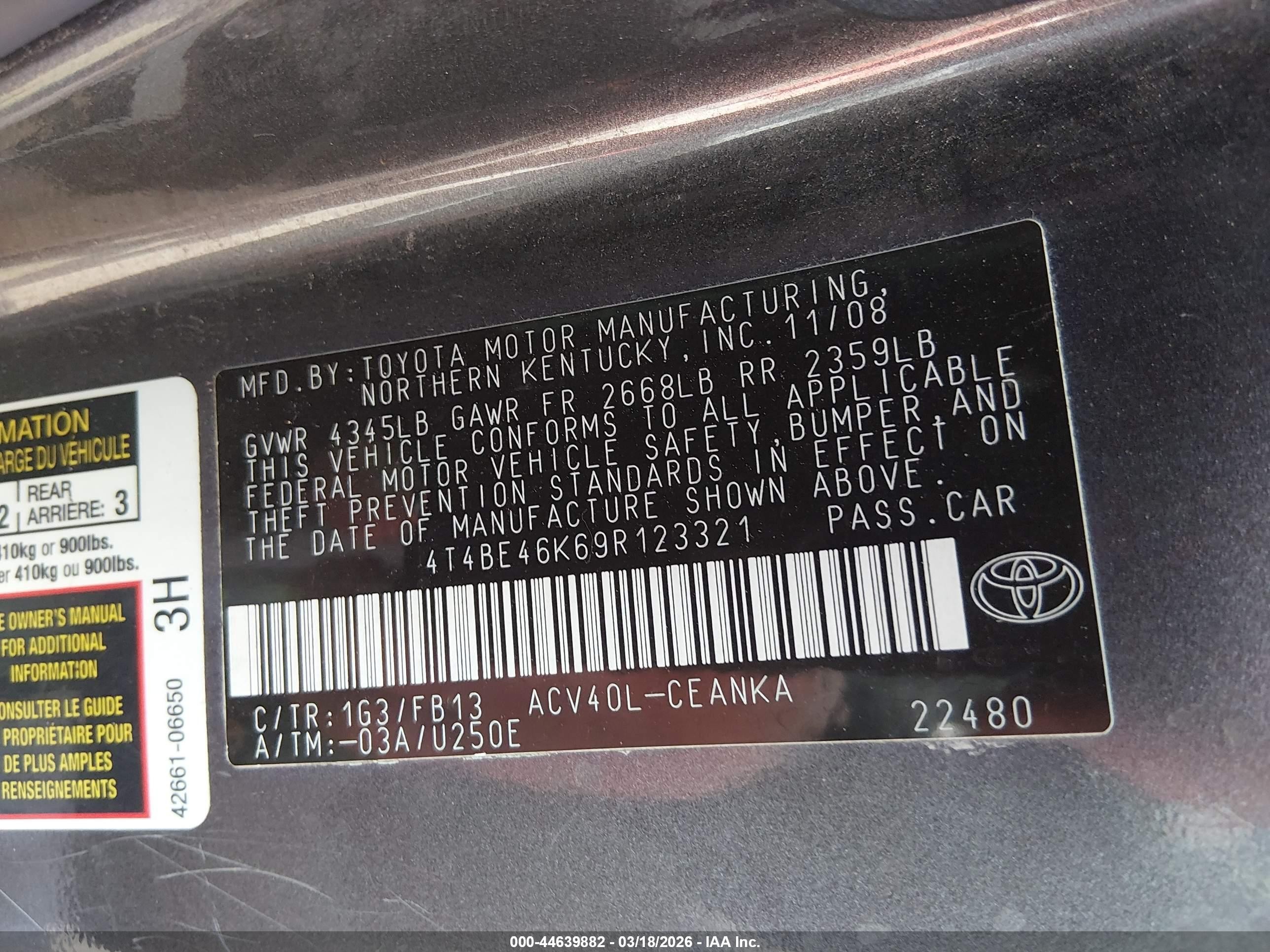 2009 Toyota Camry VIN 4T4BE46K69R123321 IAAI salvage auction — Front End, Certificate Of Title (Nebraska), sold $2,650 on 2026-04-16 (photo 9)
