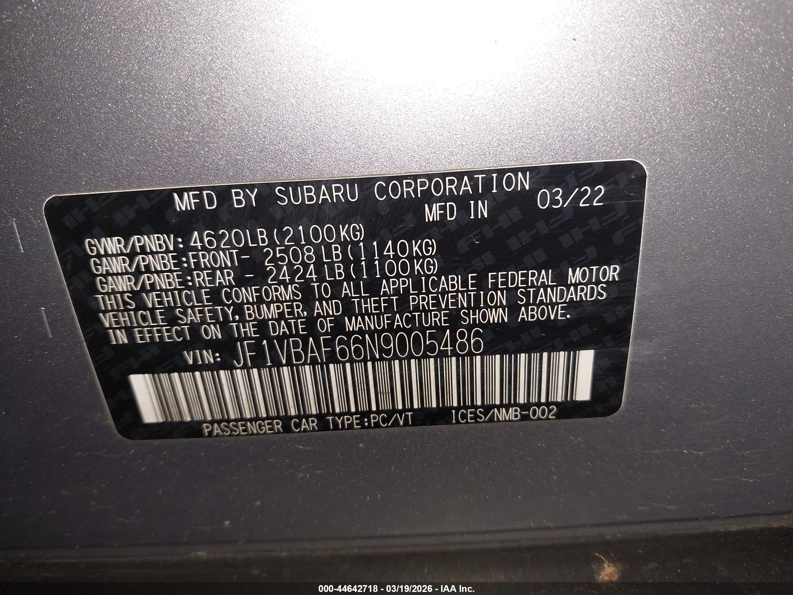 2022 Subaru WRX VIN JF1VBAF66N9005486 IAAI salvage auction — Front End, Salvage (Oregon), sold $3,550 on 2026-07-09 (photo 9)