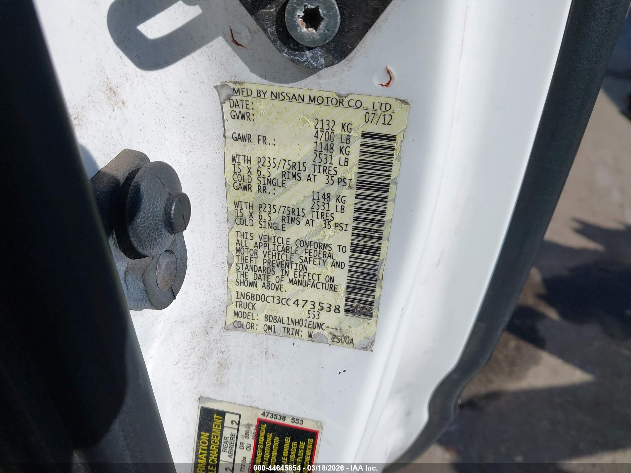 2012 Nissan Navara (frontier) VIN 1N6BD0CT3CC473538 IAAI salvage auction — Front & Rear, Salvage - Greater Than 75% (Maryland), sold $975 on 2026-09-04 (photo 9)