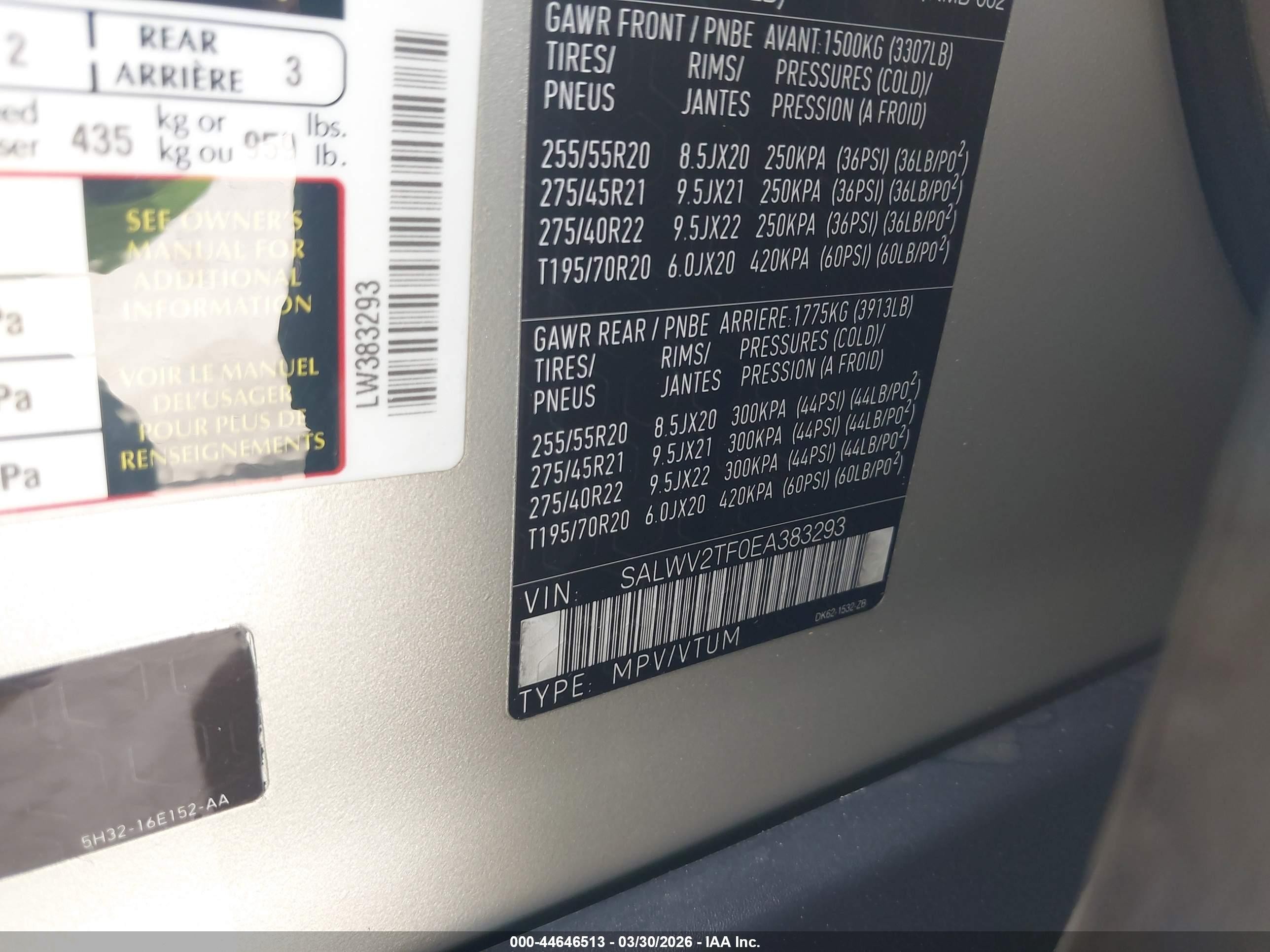 2014 Land rover Range rover sport VIN SALWV2TF0EA383293 IAAI salvage auction — Unknown, Rebuildable (Florida), sold $9,300 on 2026-09-19 (photo 9)