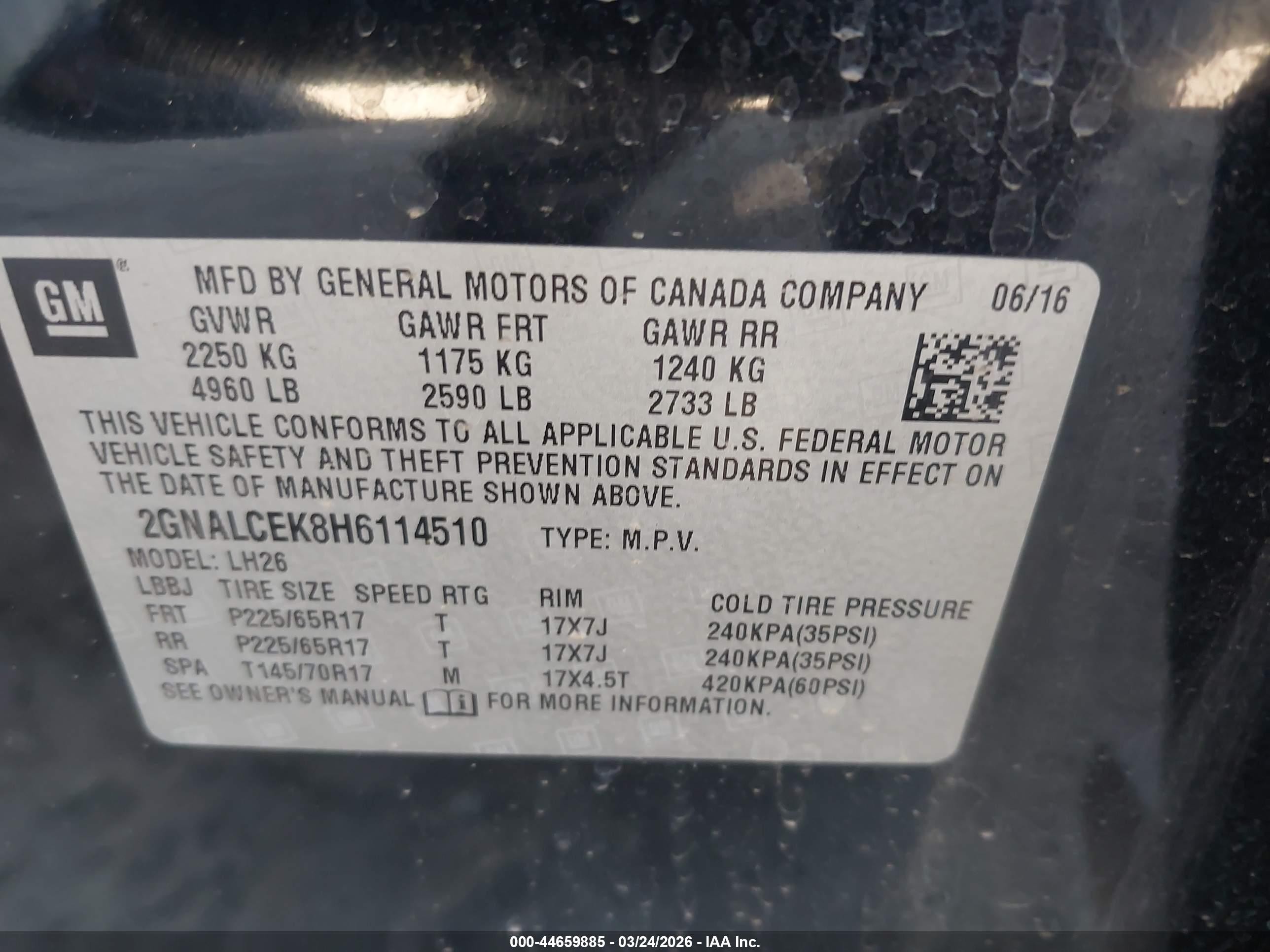 2017 Chevrolet Equinox VIN 2GNALCEK8H6114510 IAAI salvage auction — Unknown, Clear (Arizona), sold $3,250 on 2026-07-09 (photo 9)