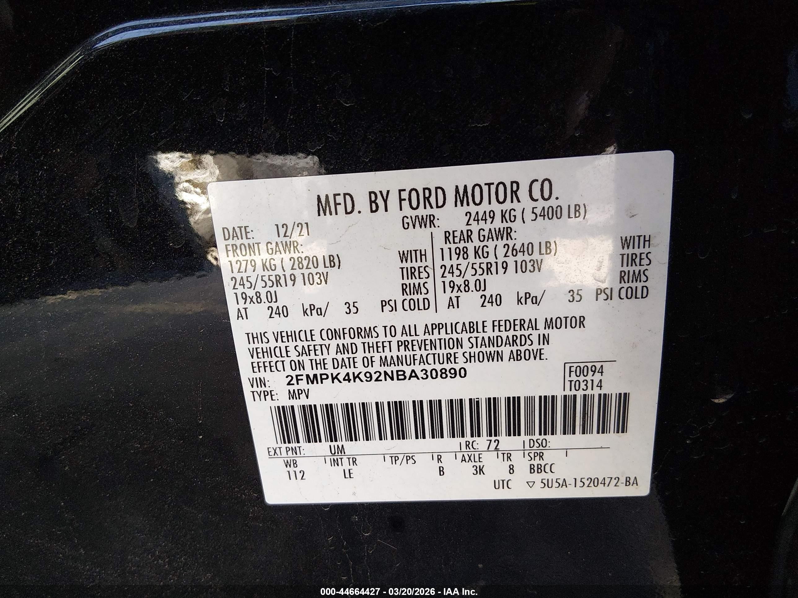 2022 Ford Edge VIN 2FMPK4K92NBA30890 IAAI salvage auction — Front End, Salvage (Utah), sold $3,950 on 2026-07-02 (photo 9)