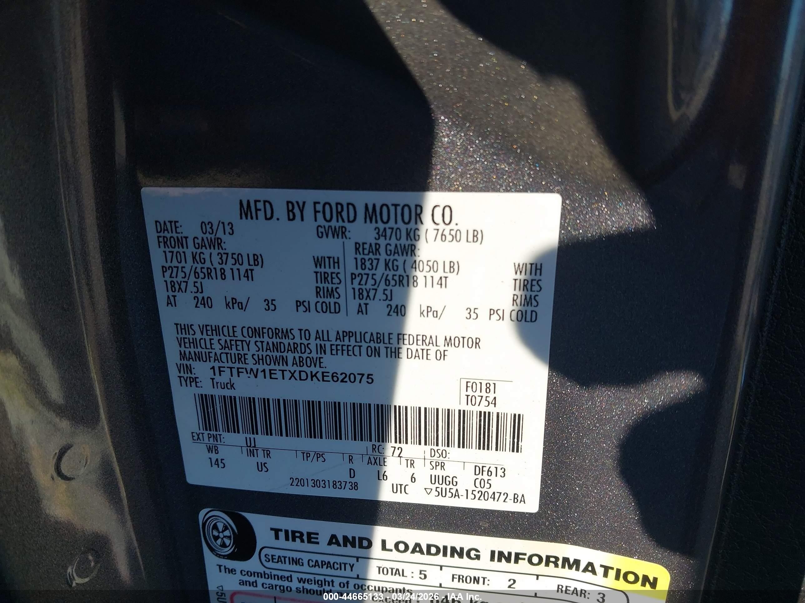 2013 Ford F-150 VIN 1FTFW1ETXDKE62075 IAAI salvage auction — Rear End, Salvage (California), sold $2,700 on 2026-07-09 (photo 9)