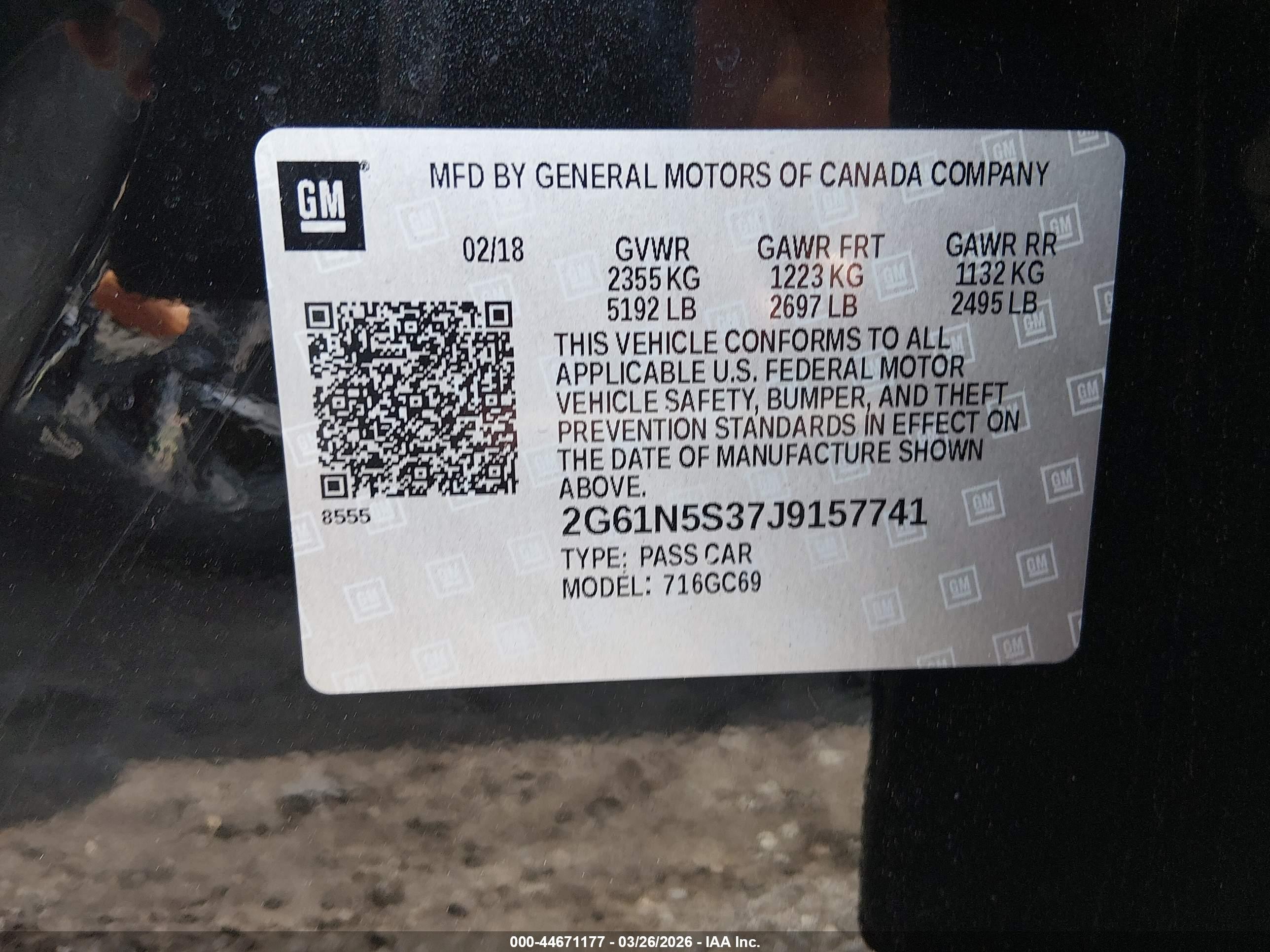 2018 Cadillac Xts VIN 2G61N5S37J9157741 IAAI salvage auction — Unknown, Salvage (Massachusetts), sold $2,050 on 2026-08-23 (photo 9)