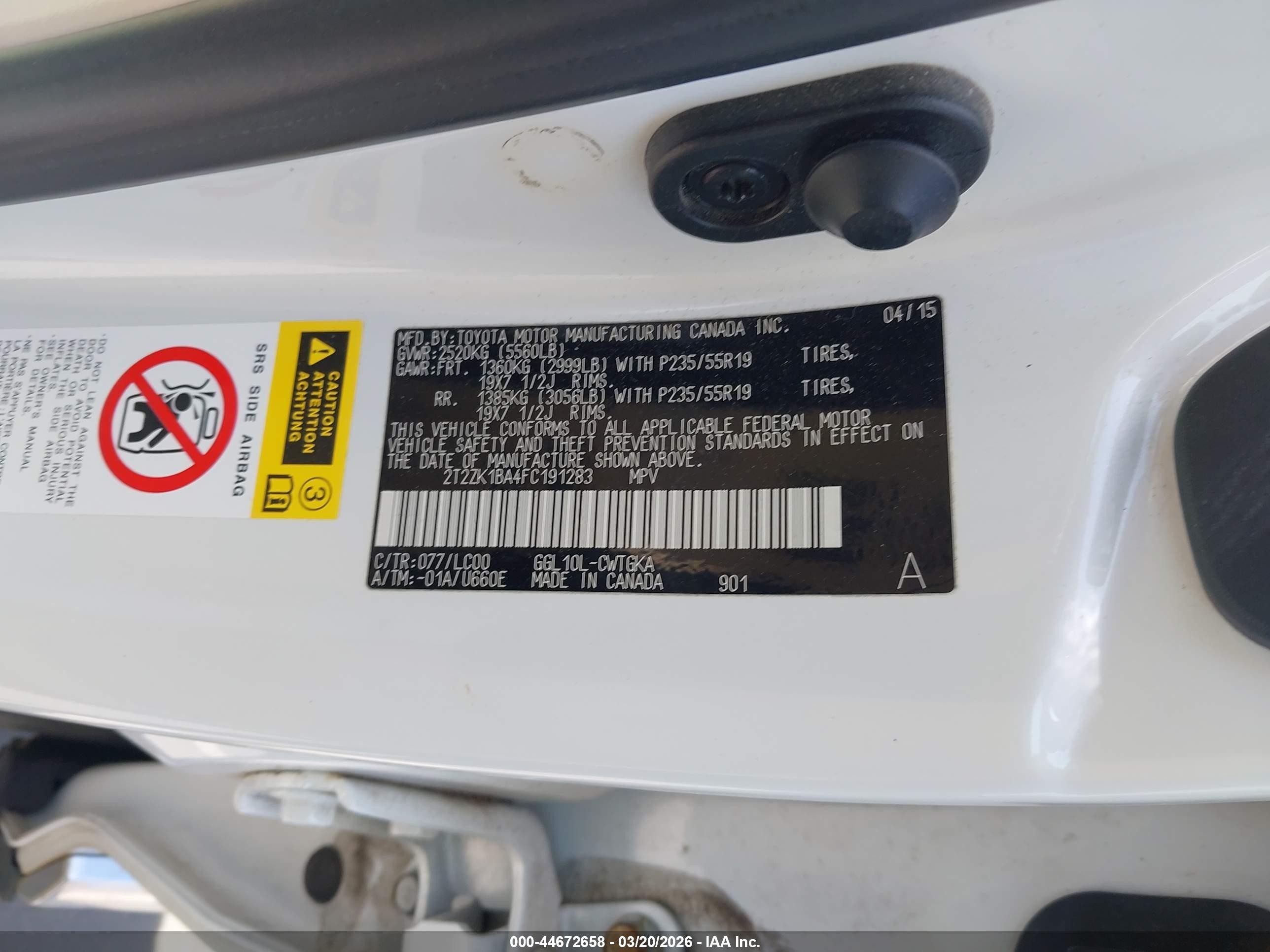 2015 Lexus Rx VIN 2T2ZK1BA4FC191283 IAAI salvage auction — Side, Salvage (North Carolina), sold $5,500 on 2026-09-03 (photo 9)