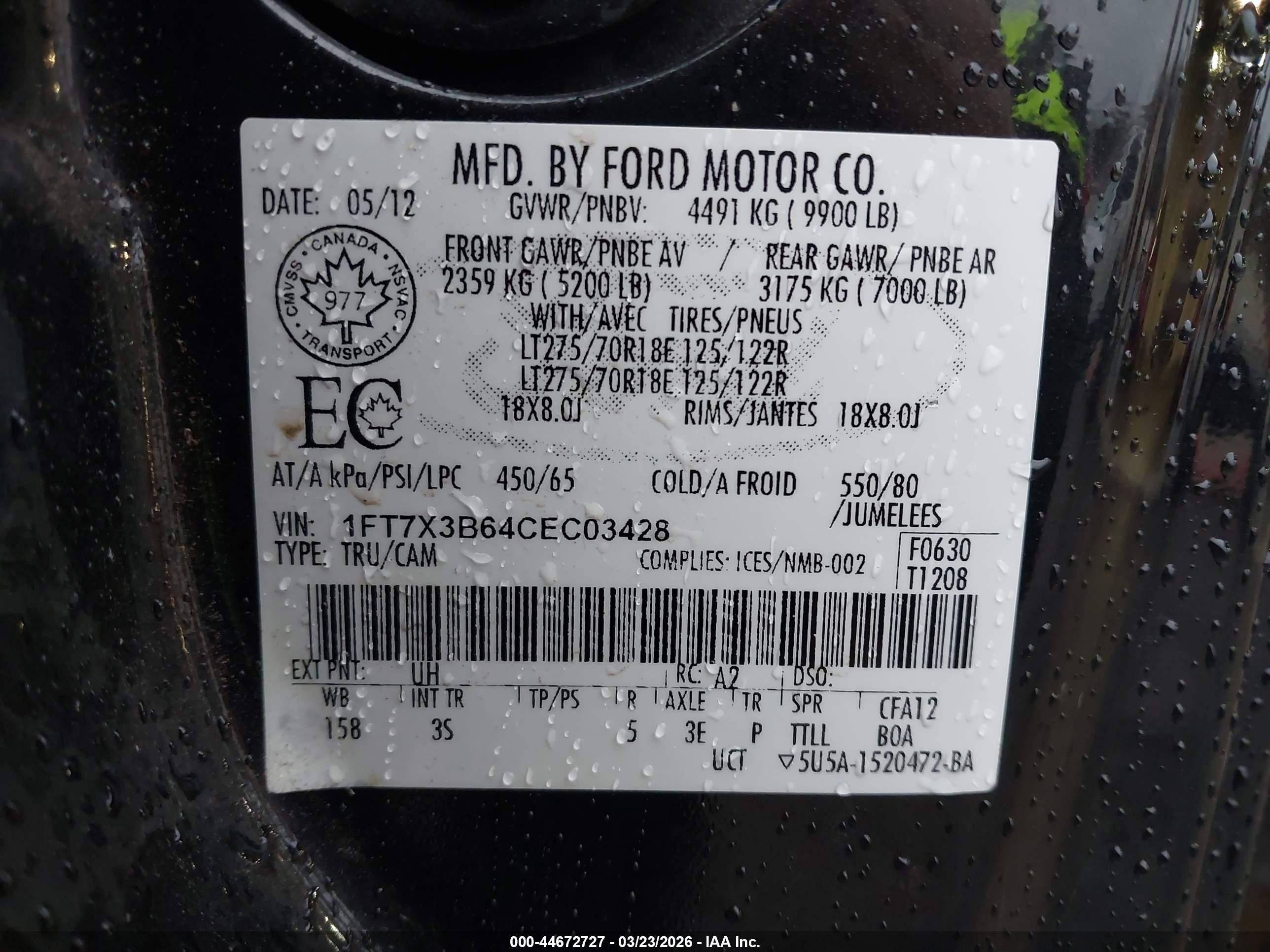 2012 Ford F350 VIN 1FT7X3B64CEC03428 IAAI salvage auction — Front End, Mv-907A (New York), sold $4,750 on 2026-04-28 (photo 9)