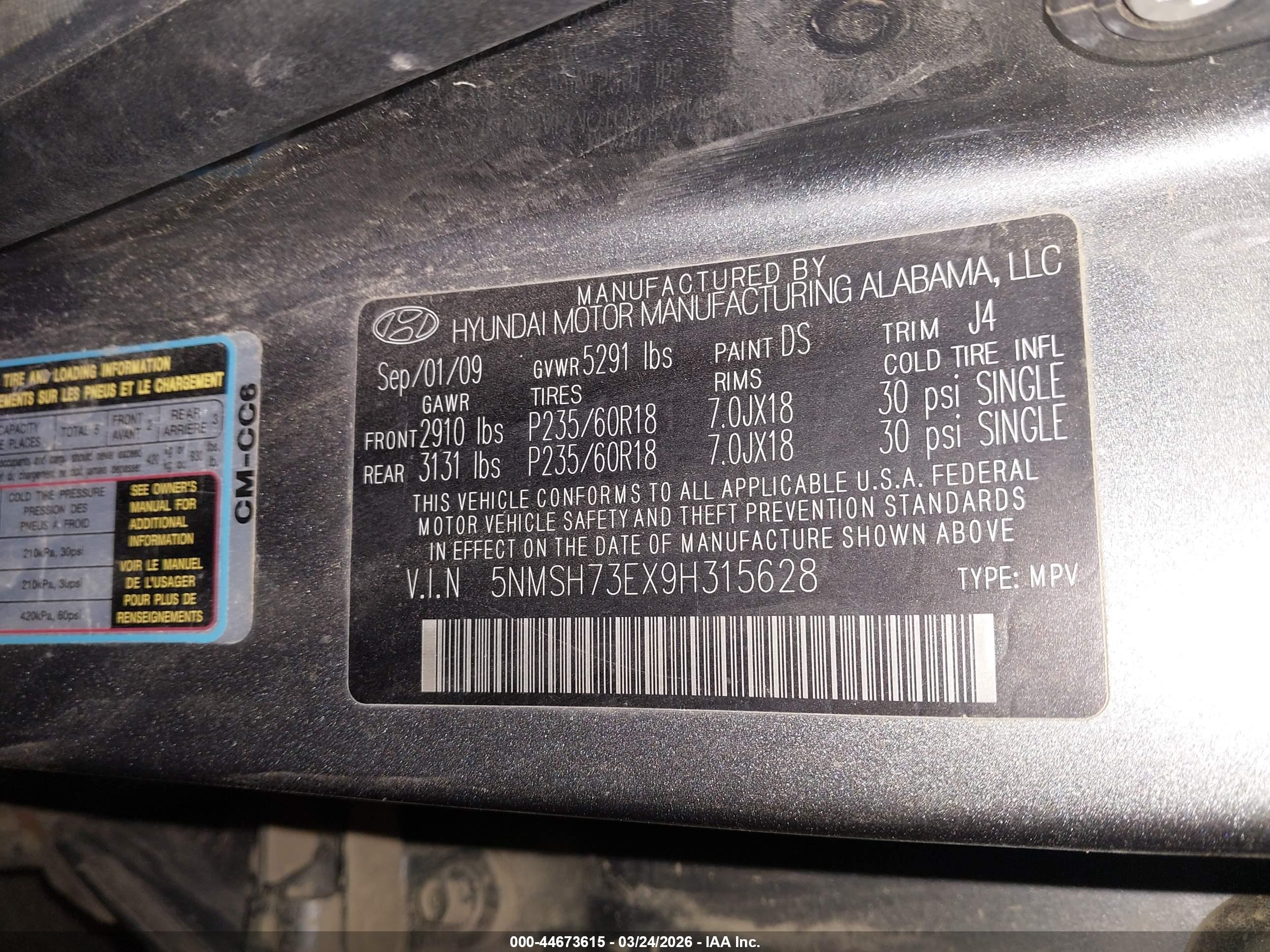 2009 Hyundai Santa Fe VIN 5NMSH73EX9H315628 IAAI salvage auction — All Over, Salvage (Oregon), sold $350 on 2026-07-09 (photo 9)