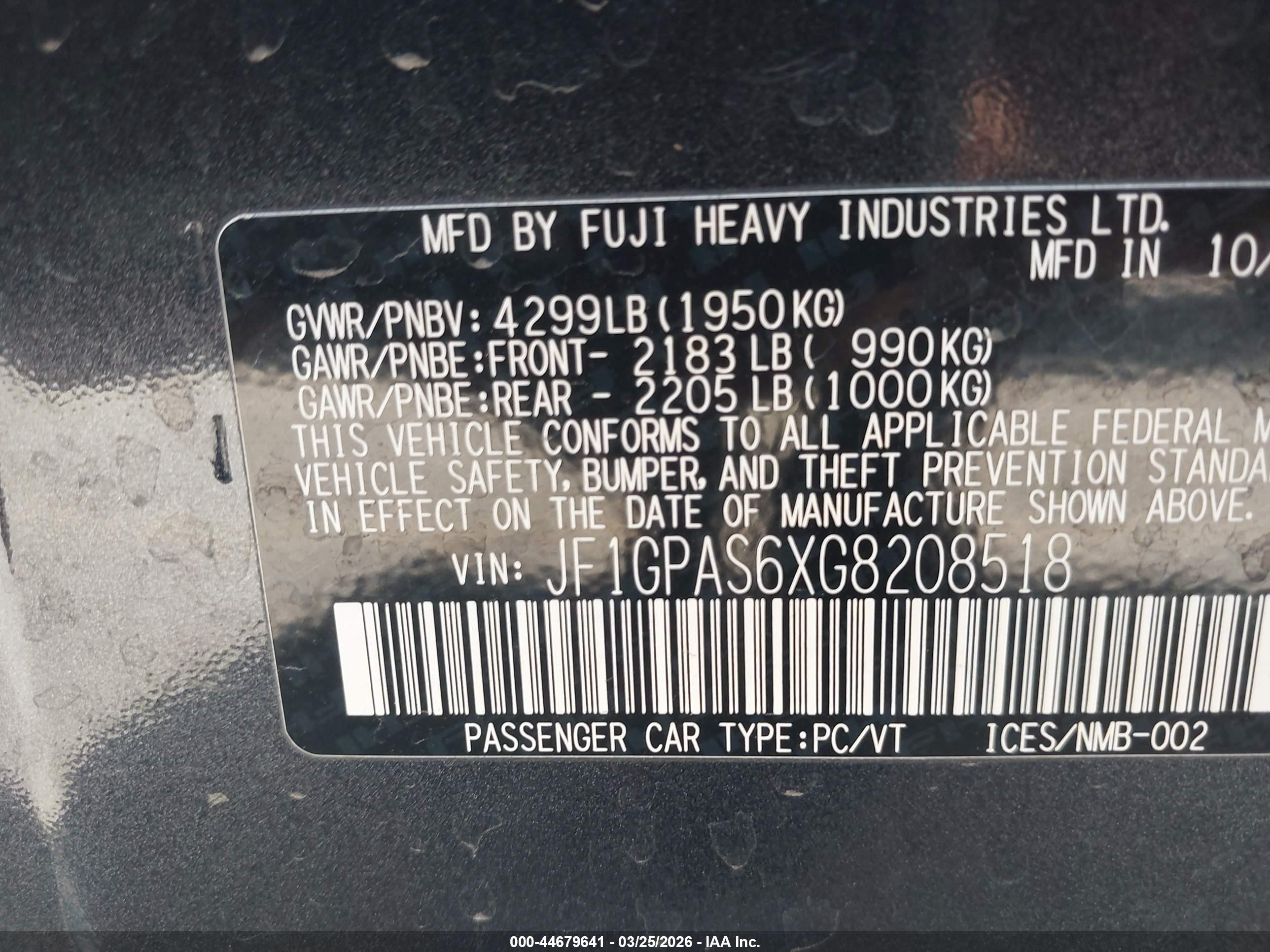 2016 Subaru Impreza VIN JF1GPAS6XG8208518 IAAI salvage auction — Rear End, Salvage (Utah), sold $1,175 on 2026-07-09 (photo 9)