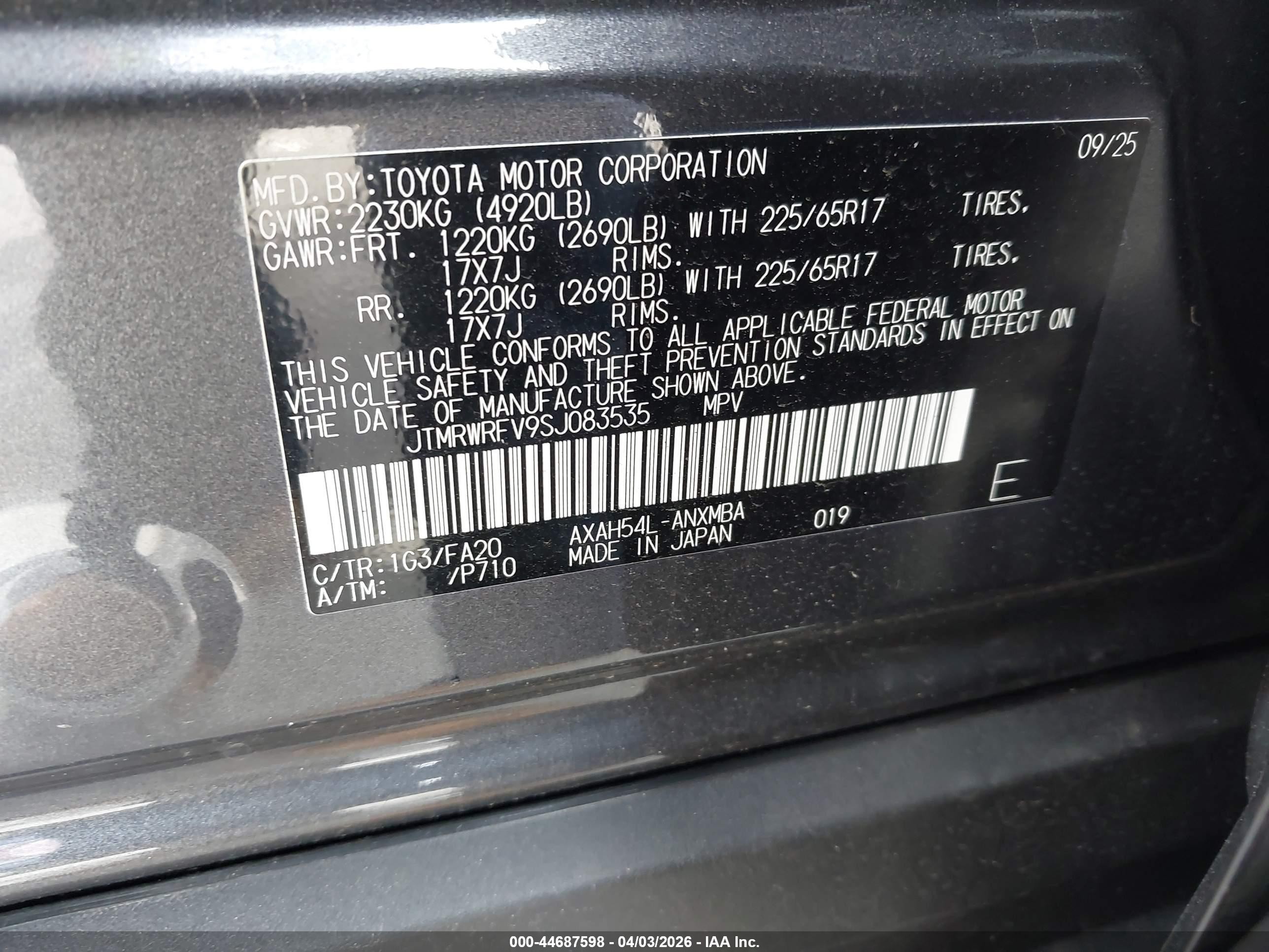 2025 Toyota Rav 4 VIN JTMRWRFV9SJ083535 IAAI salvage auction — Front End, Salvage (California), sold $8,200 on 2026-07-02 (photo 9)