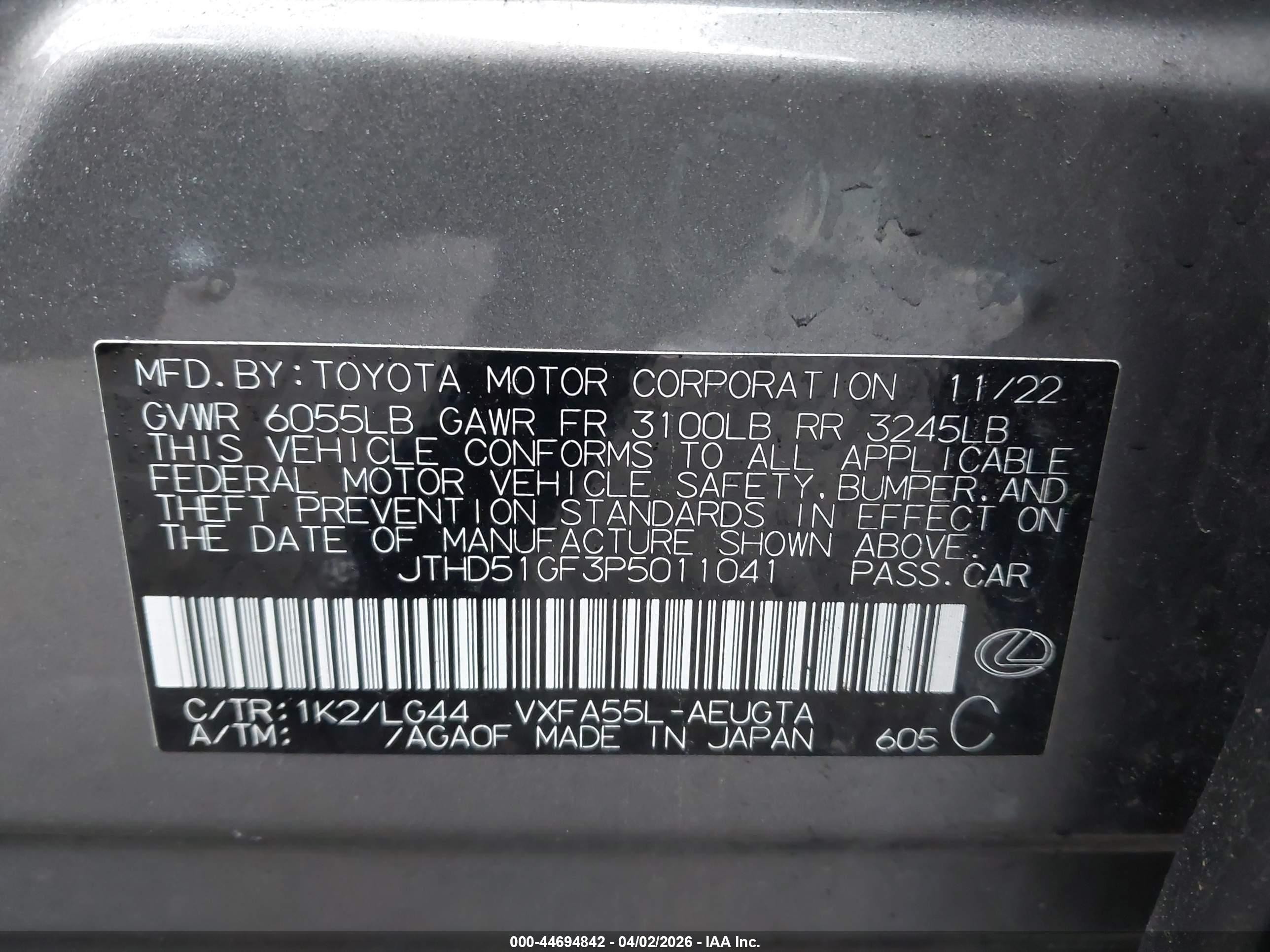 2023 Lexus LS 500 VIN JTHD51GF3P5011041 IAAI salvage auction — Rear End, Salvage (New Jersey), sold $20,800 on 2026-07-05 (photo 9)