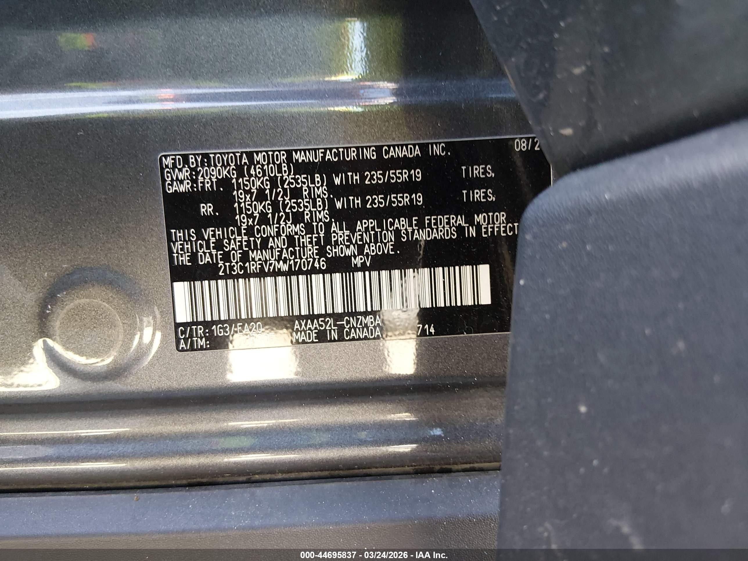 2021 Toyota RAV4 VIN 2T3C1RFV7MW170746 IAAI salvage auction — All Over, Certificate Of Destruction (Florida), sold $6,700 on 2026-07-09 (photo 9)