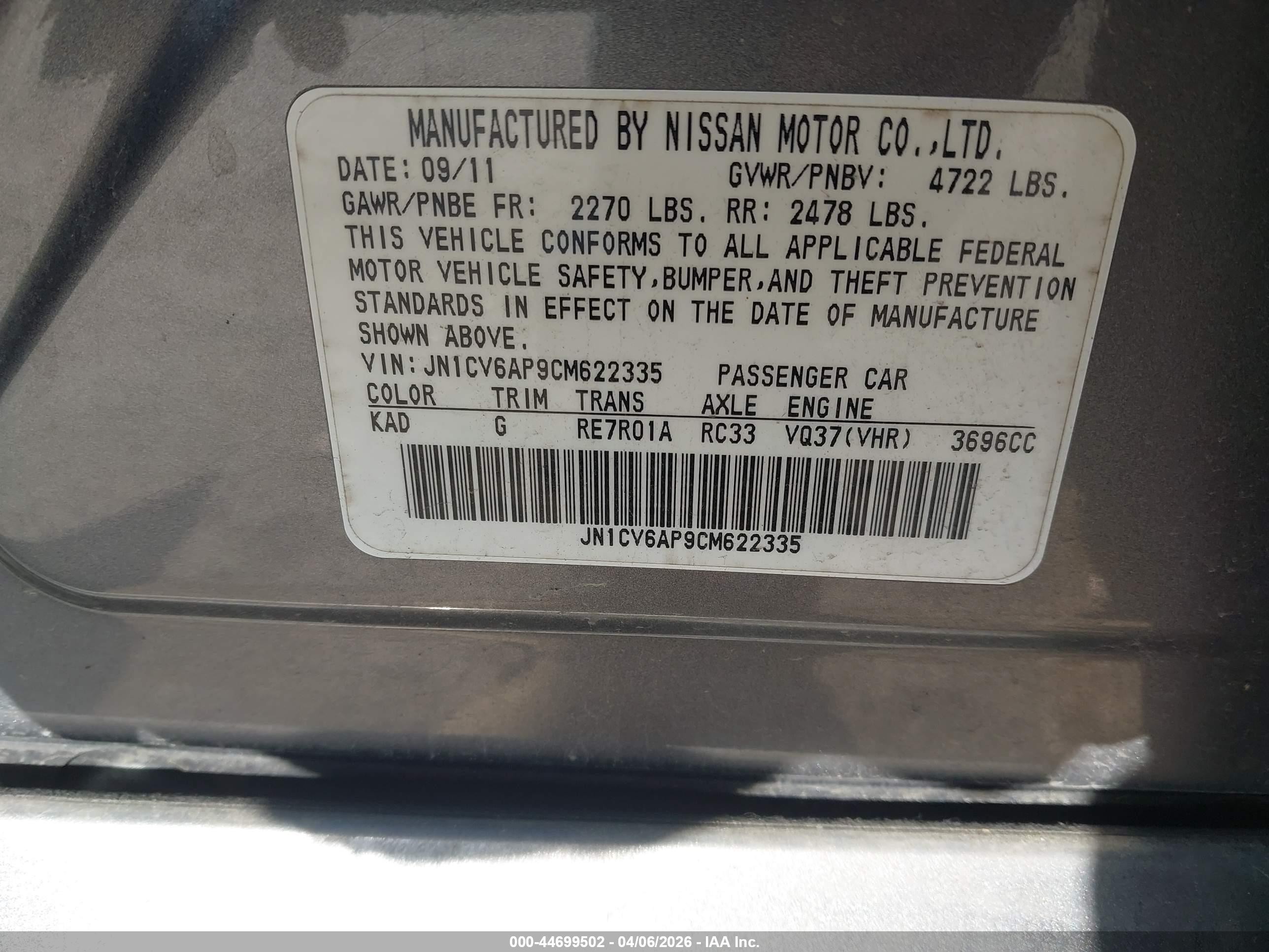 2012 Infiniti G37 VIN JN1CV6AP9CM622335 IAAI salvage auction — Unknown, Salvage (California), sold $700 on 2026-07-09 (photo 9)