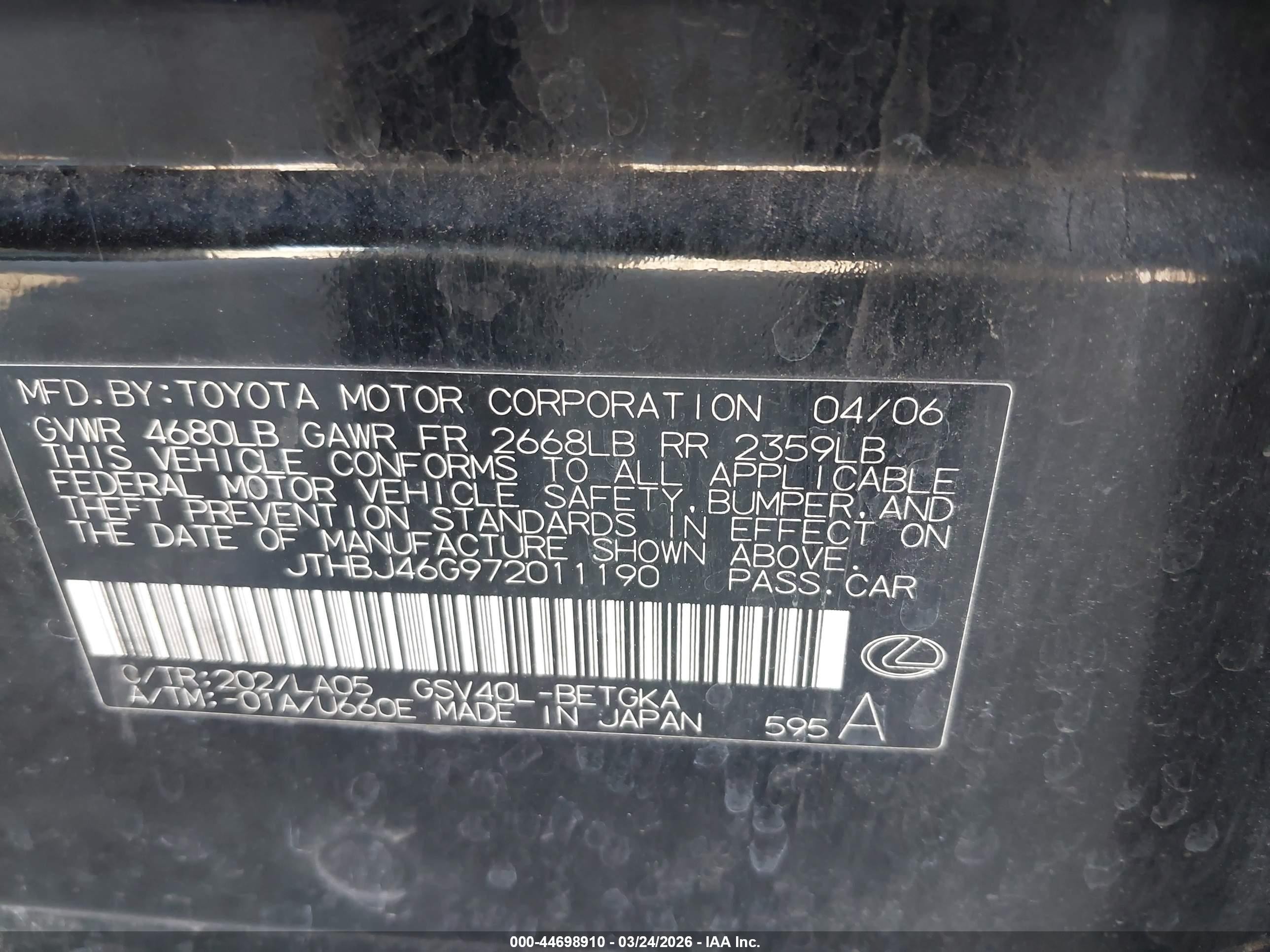 2007 Lexus ES 350 VIN JTHBJ46G972011190 IAAI salvage auction — Normal Wear, Clear (Arizona), sold $850 on 2026-05-10 (photo 9)