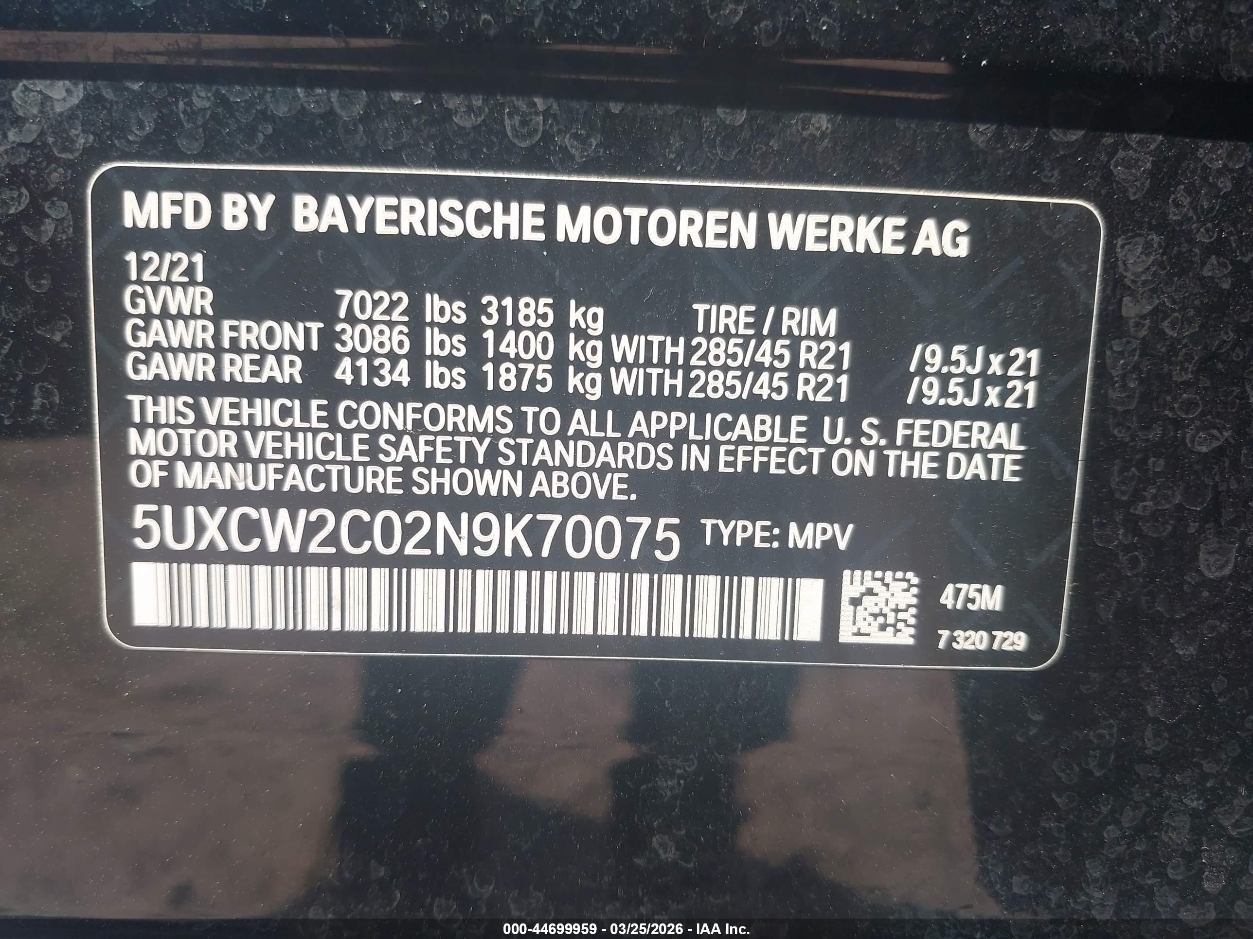 2022 BMW X7 VIN 5UXCW2C02N9K70075 IAAI salvage auction — Unknown, Salvage (Idaho), sold $24,600 on 2026-08-23 (photo 9)