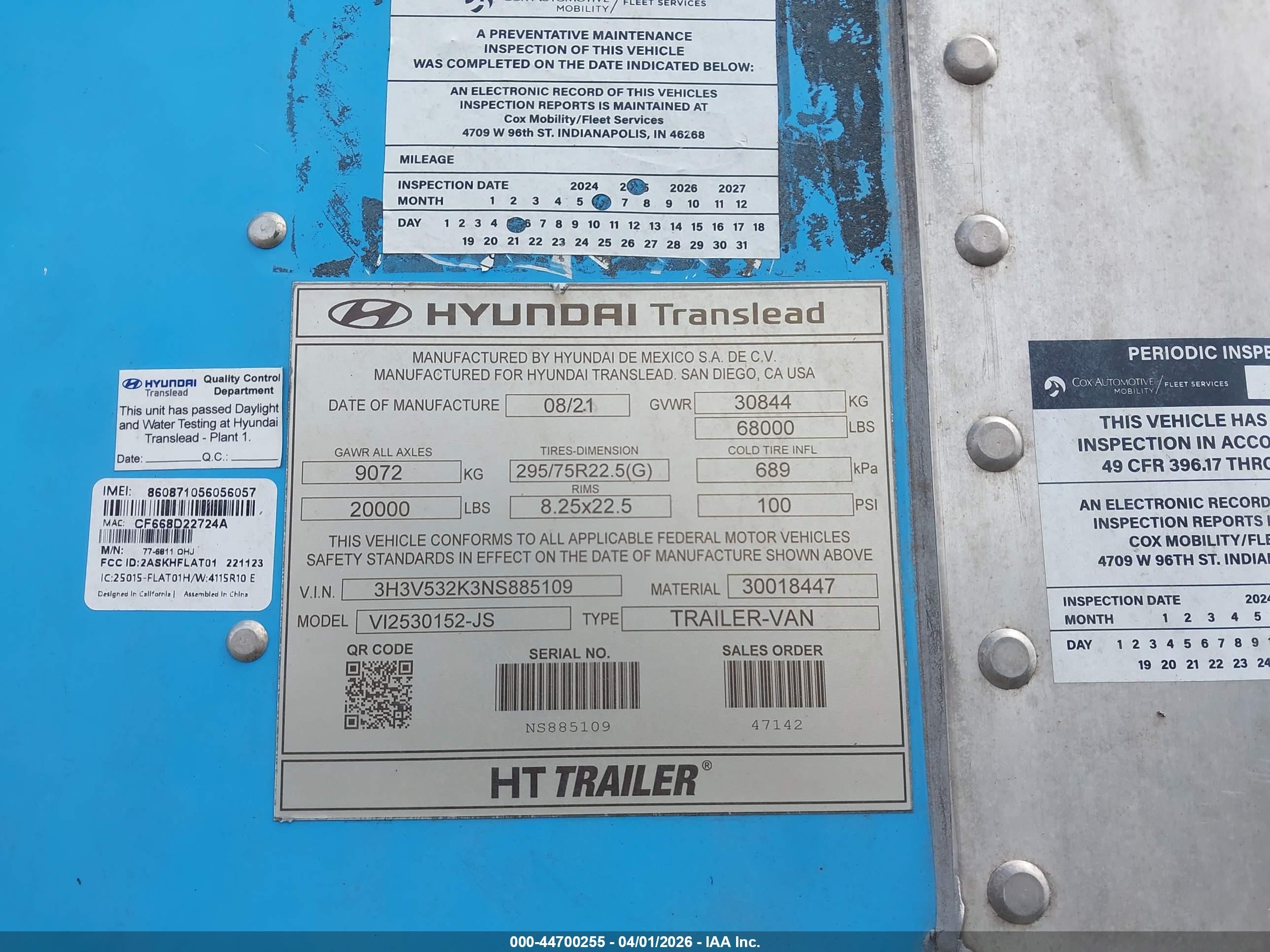 2022 Hyundai Translead Inc Hyundai Translead Inc VIN 3H3V532K3NS885109 IAAI salvage auction — Rear End, Clear (Indiana), sold $1,600 on 2026-05-07 (photo 9)