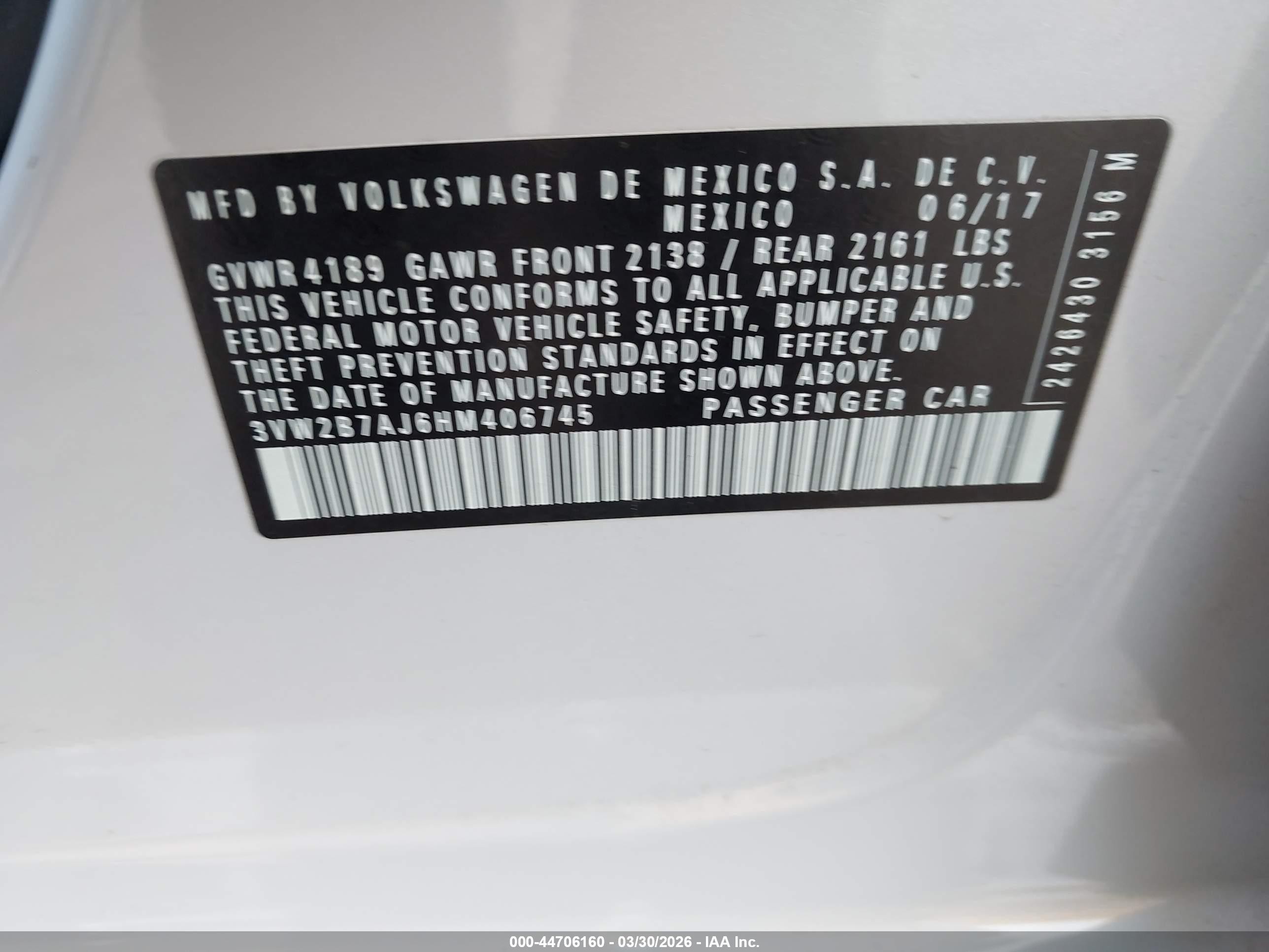 2017 Volkswagen Jetta VIN 3VW2B7AJ6HM406745 IAAI salvage auction — Side, Salvage (California), sold $3,700 on 2026-07-09 (photo 9)