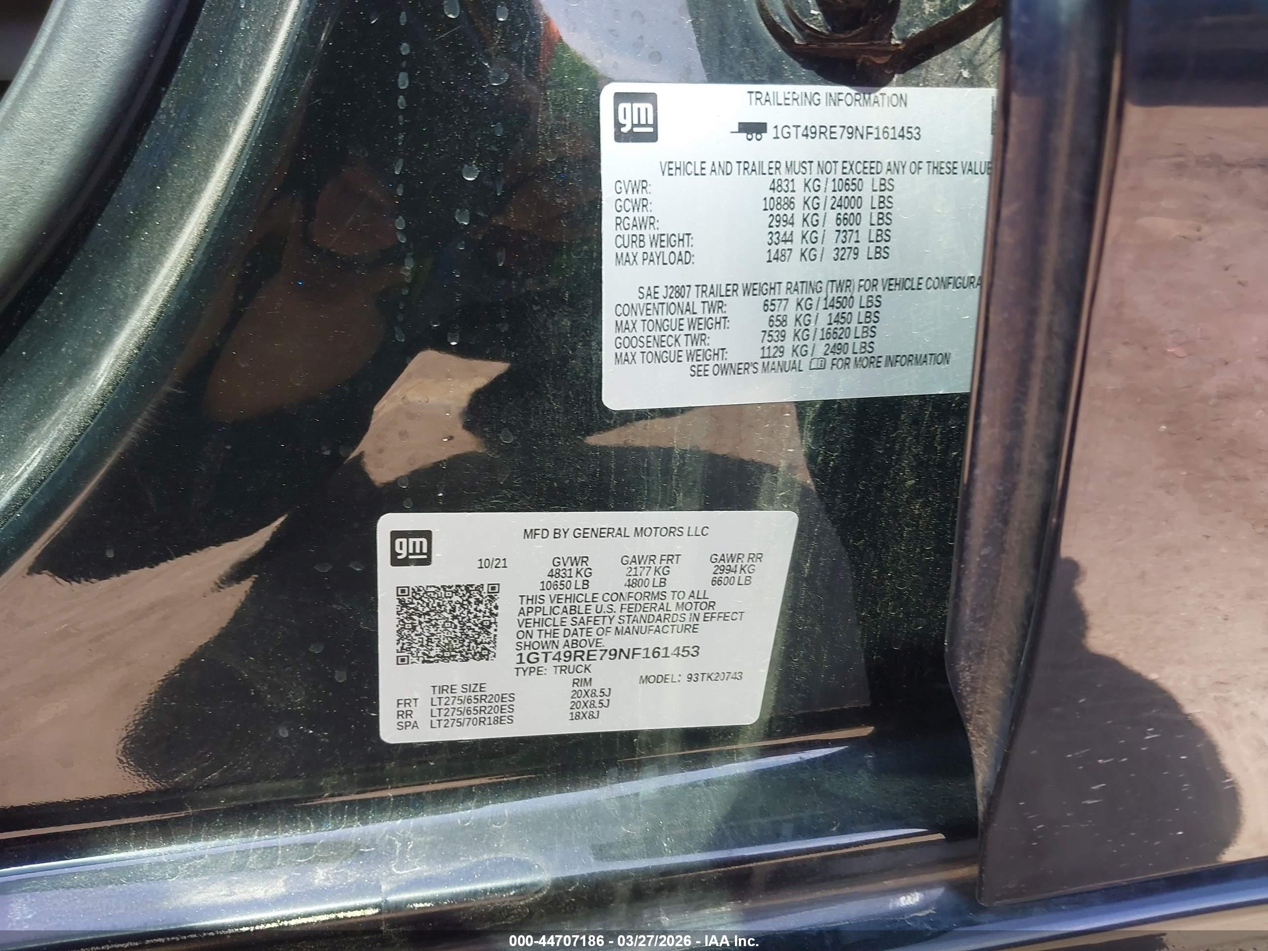 2022 Gmc SIERRA VIN 1GT49RE79NF161453 IAAI salvage auction — Front End, Salvage Title - Dealer (California), sold $7,950 on 2026-05-06 (photo 8)