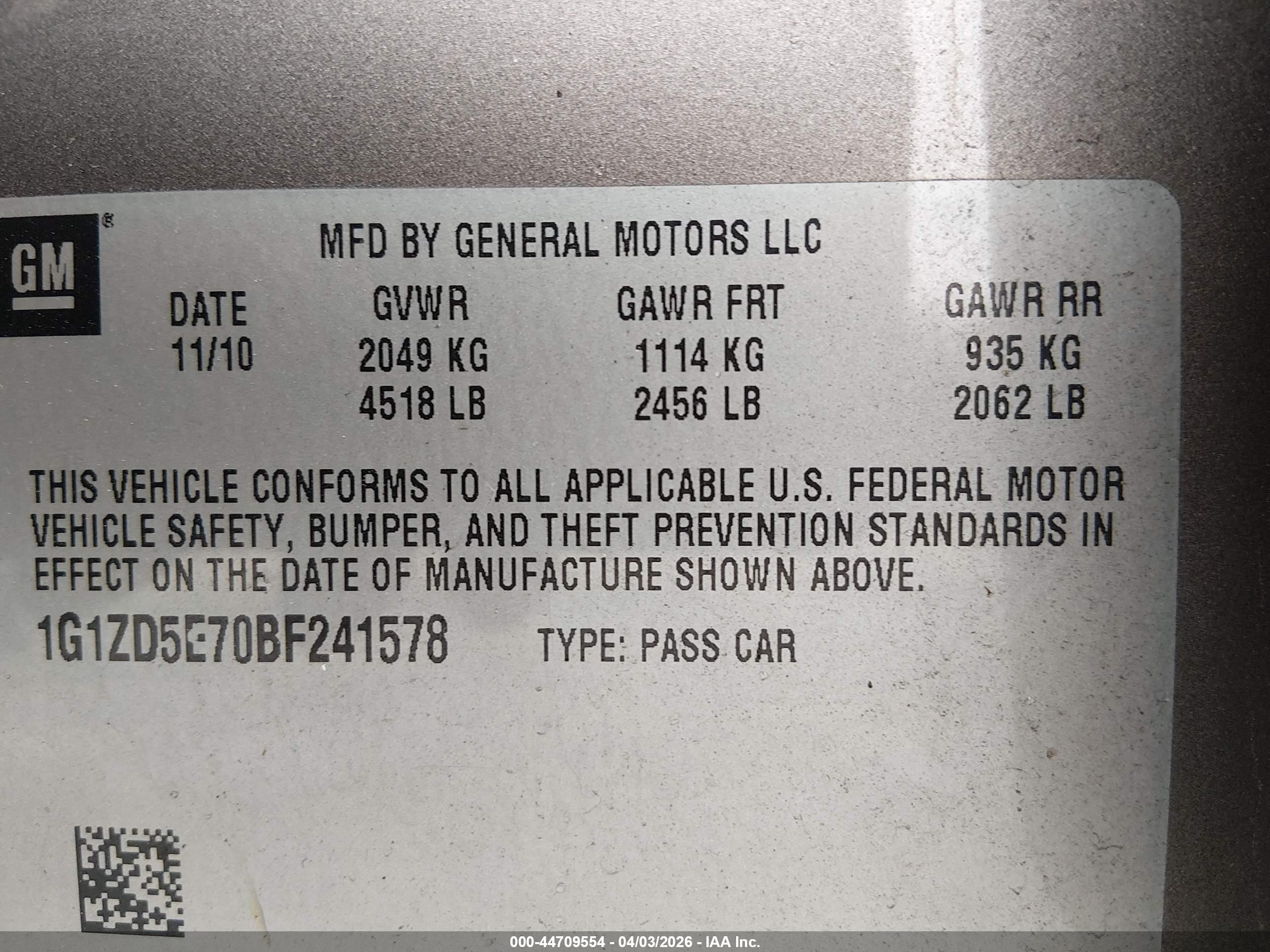2011 Chevrolet Malibu VIN 1G1ZD5E70BF241578 IAAI salvage auction — Front End, Salvage - Greater Than 75% (Maryland), sold $450 on 2026-09-26 (photo 9)