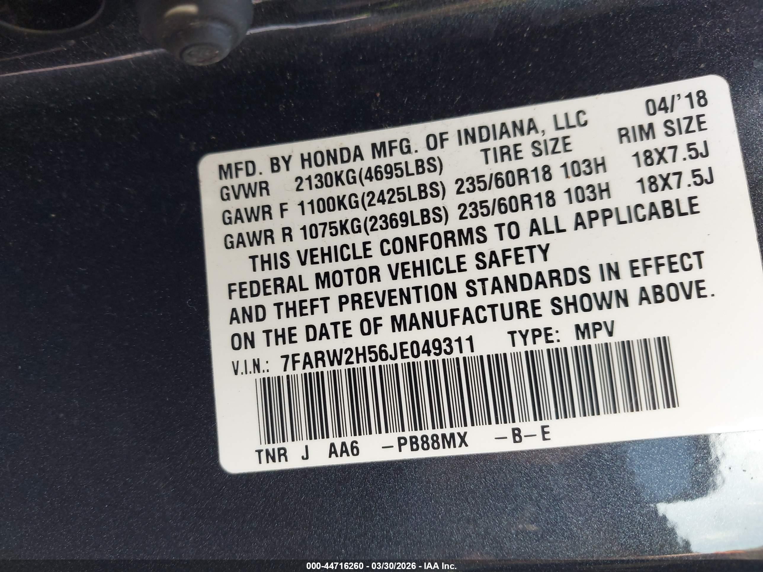 2018 Honda CR-V VIN 7FARW2H56JE049311 IAAI salvage auction — Rear End, Clear (Indiana), sold $6,400 on 2026-07-12 (photo 9)