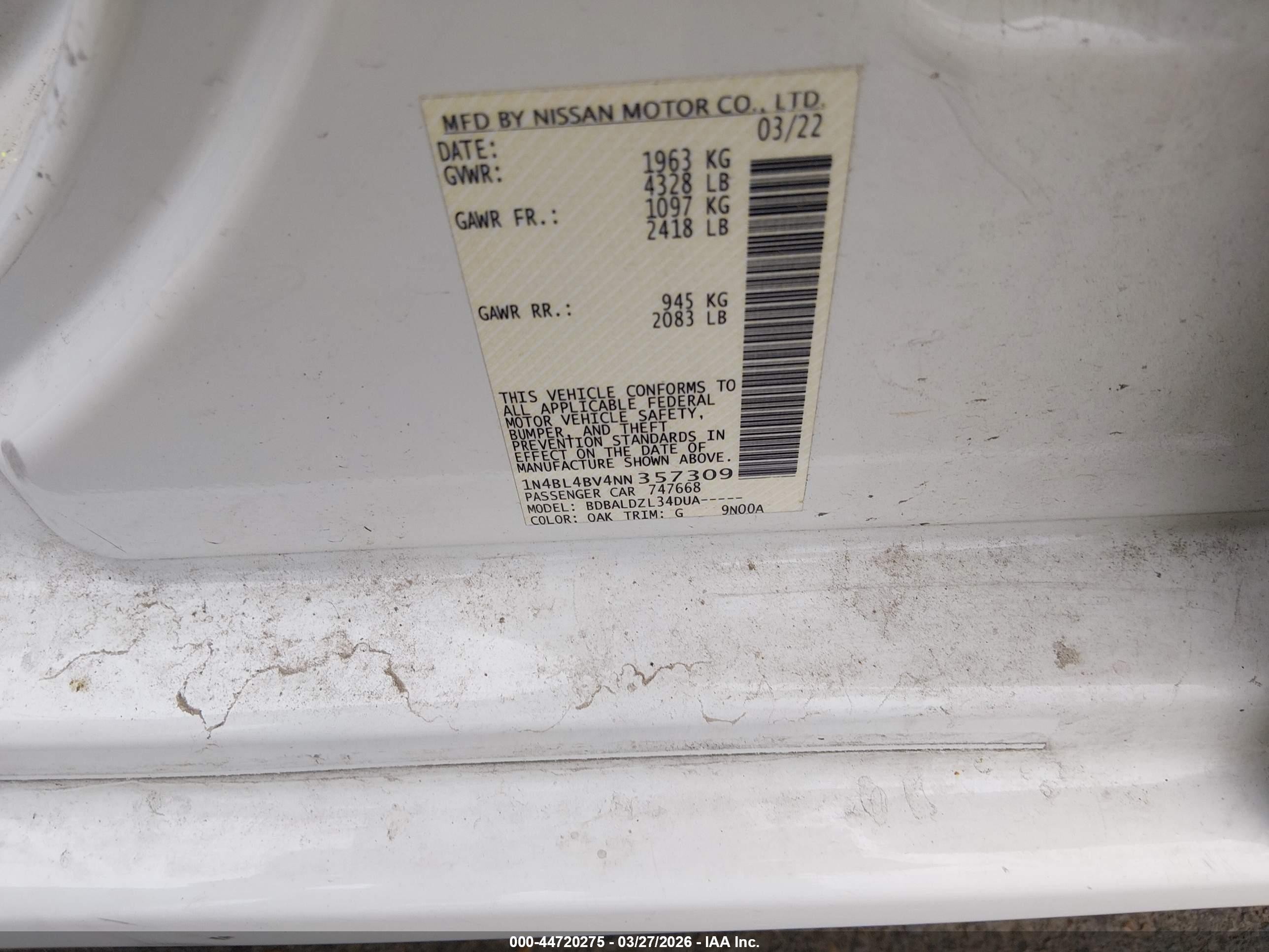 2022 Nissan Altima VIN 1N4BL4BV4NN357309 IAAI salvage auction — Front End, Salvage (Mississippi), sold $3,000 on 2026-07-12 (photo 9)