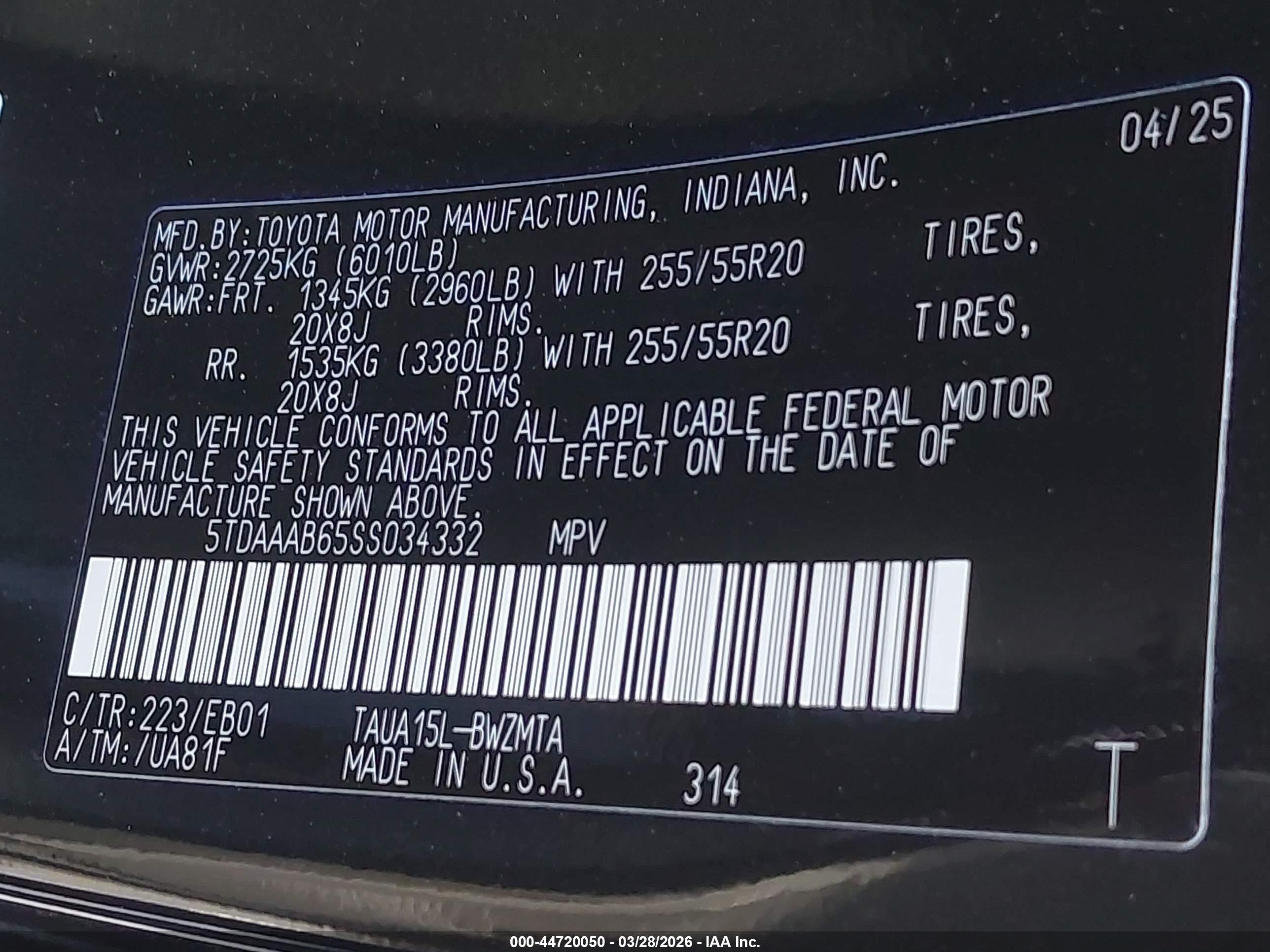 2025 Lexus Tx VIN 5TDAAAB65SS034332 IAAI salvage auction — Front End, Salvage (Georgia), sold $22,700 on 2026-08-14 (photo 9)