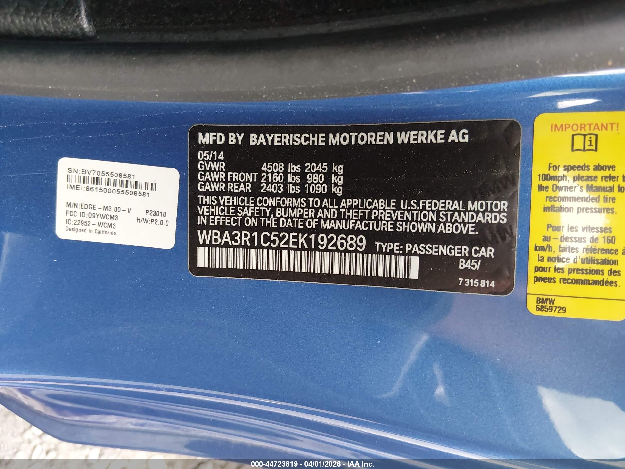 2014 BMW 4er VIN WBA3R1C52EK192689 IAAI salvage auction — Side, Salvage (South Carolina), sold $2,700 on 2026-09-11 (photo 9)