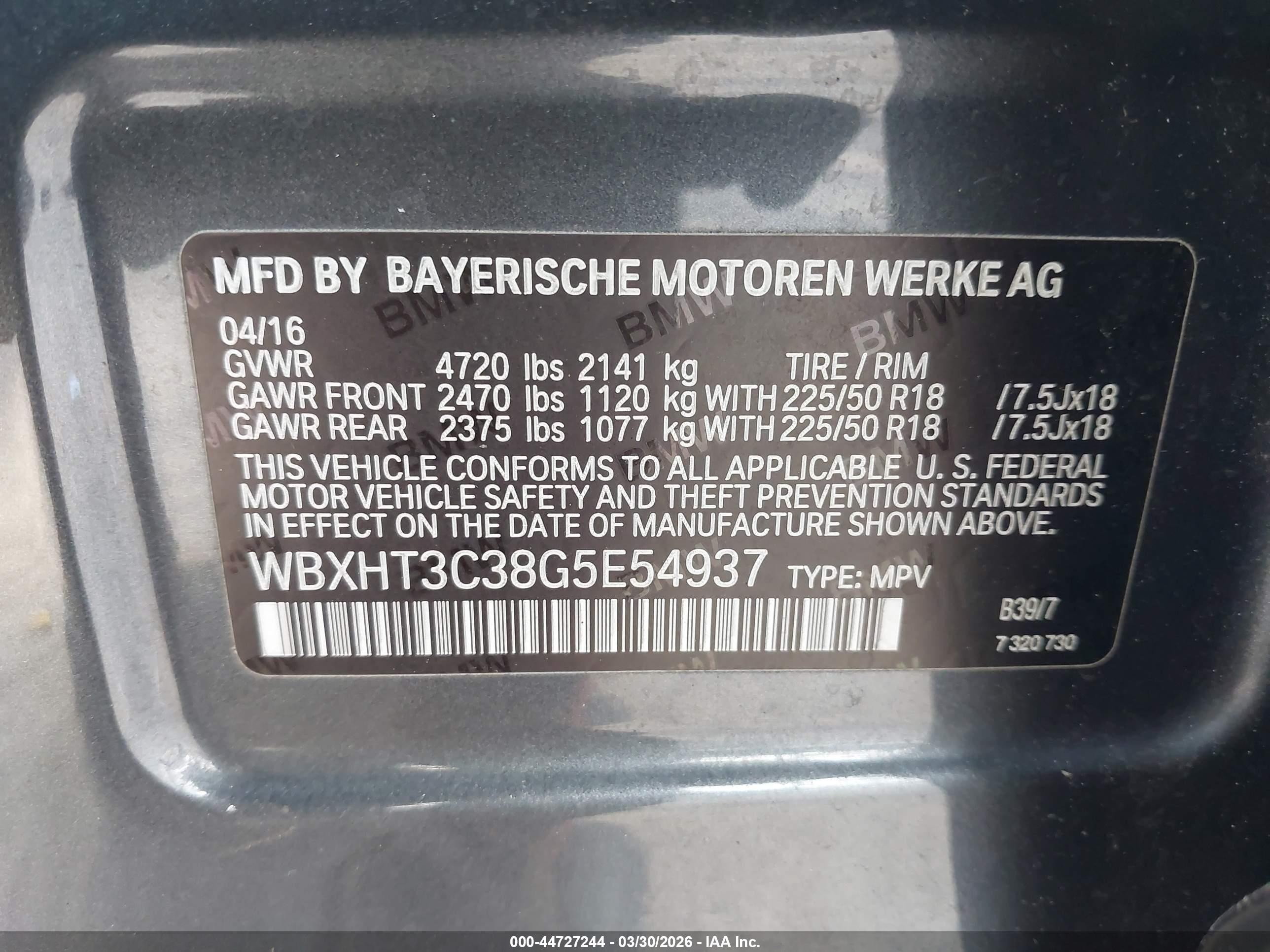 2016 BMW X1 VIN WBXHT3C38G5E54937 IAAI salvage auction — Undercarriage, Mv-907A (New York), sold $3,750 on 2026-10-06 (photo 9)