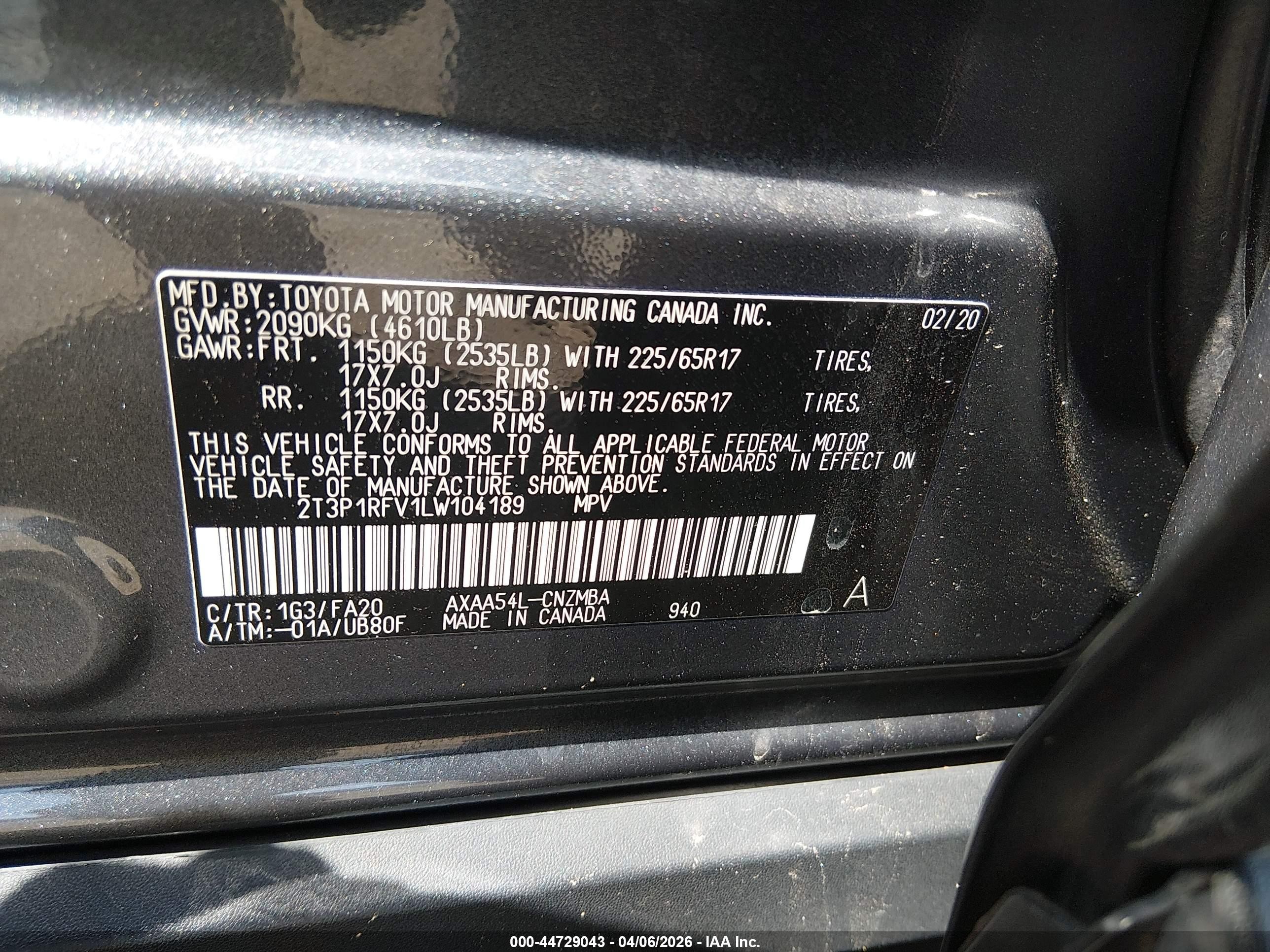 2020 Toyota RAV4 VIN 2T3P1RFV1LW104189 IAAI salvage auction — Rollover, Salvage (Idaho), sold $2,150 on 2026-07-10 (photo 9)