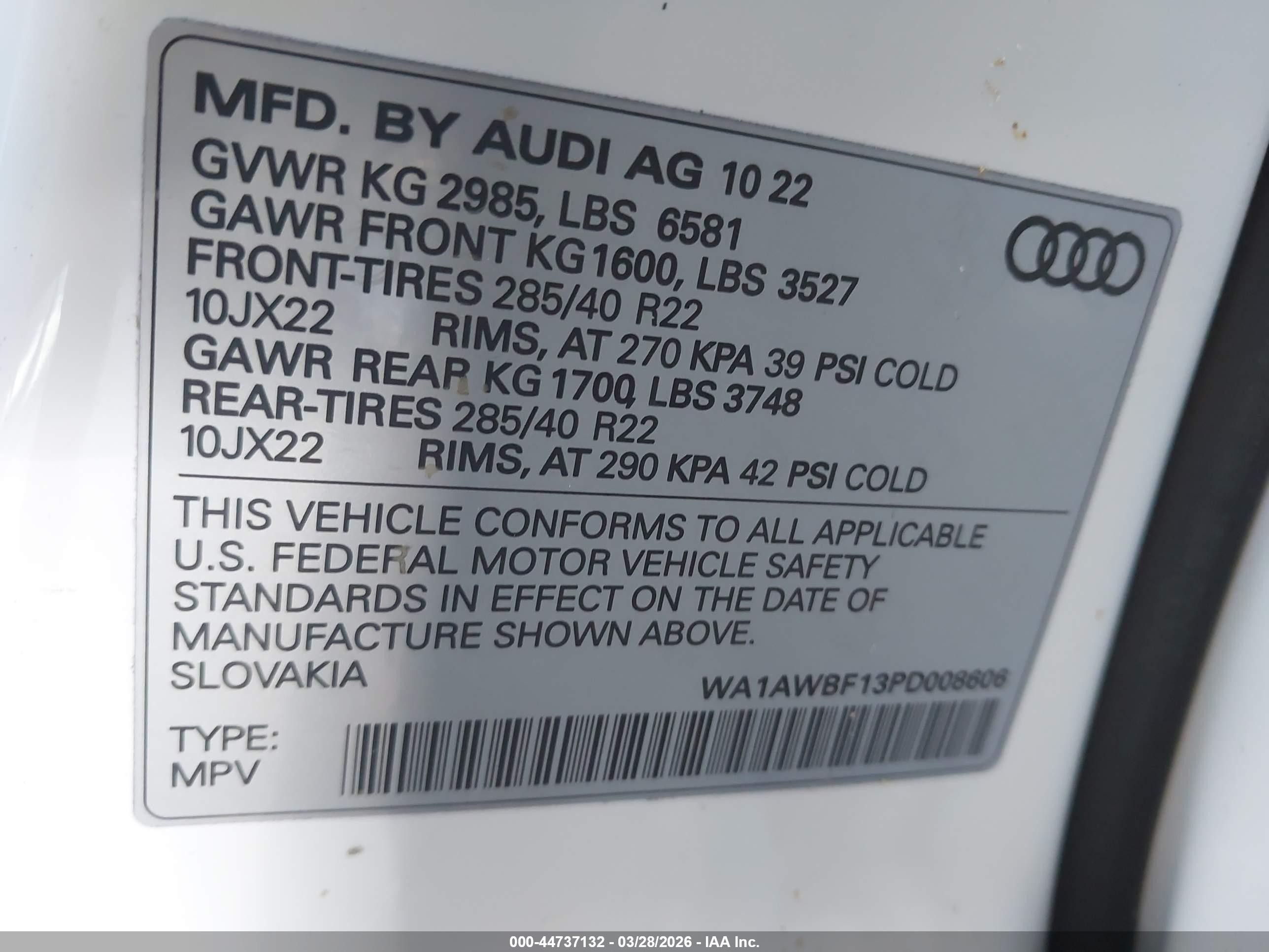 2023 Audi Sq8 VIN WA1AWBF13PD008606 IAAI salvage auction — Rear End, Clear (Tennessee), sold $43,150 on 2026-06-29 (photo 9)