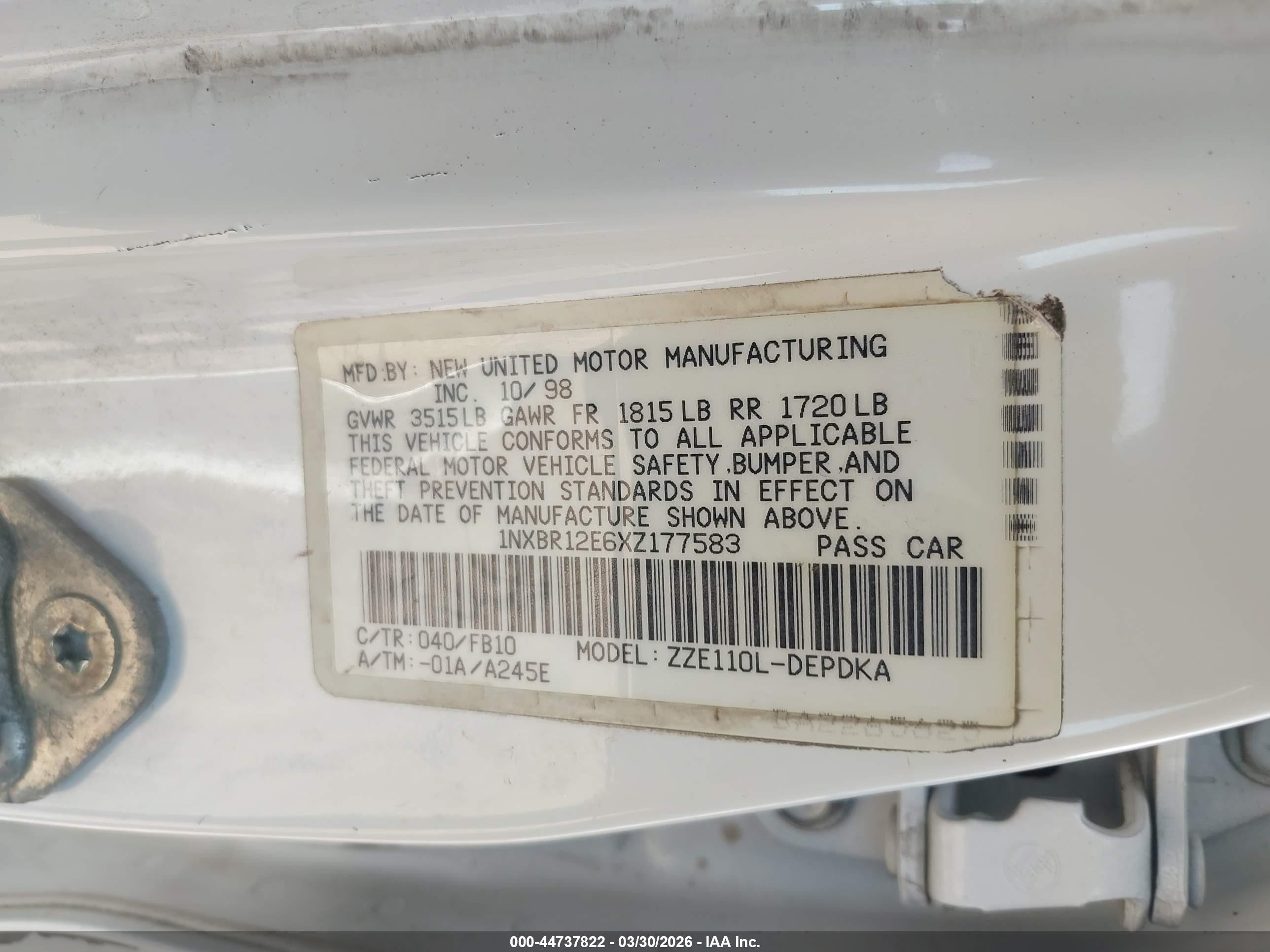 1999 Toyota Corolla VIN 1NXBR12E6XZ177583 IAAI salvage auction — Front End, Salvage (Arizona), sold $200 on 2026-06-01 (photo 9)