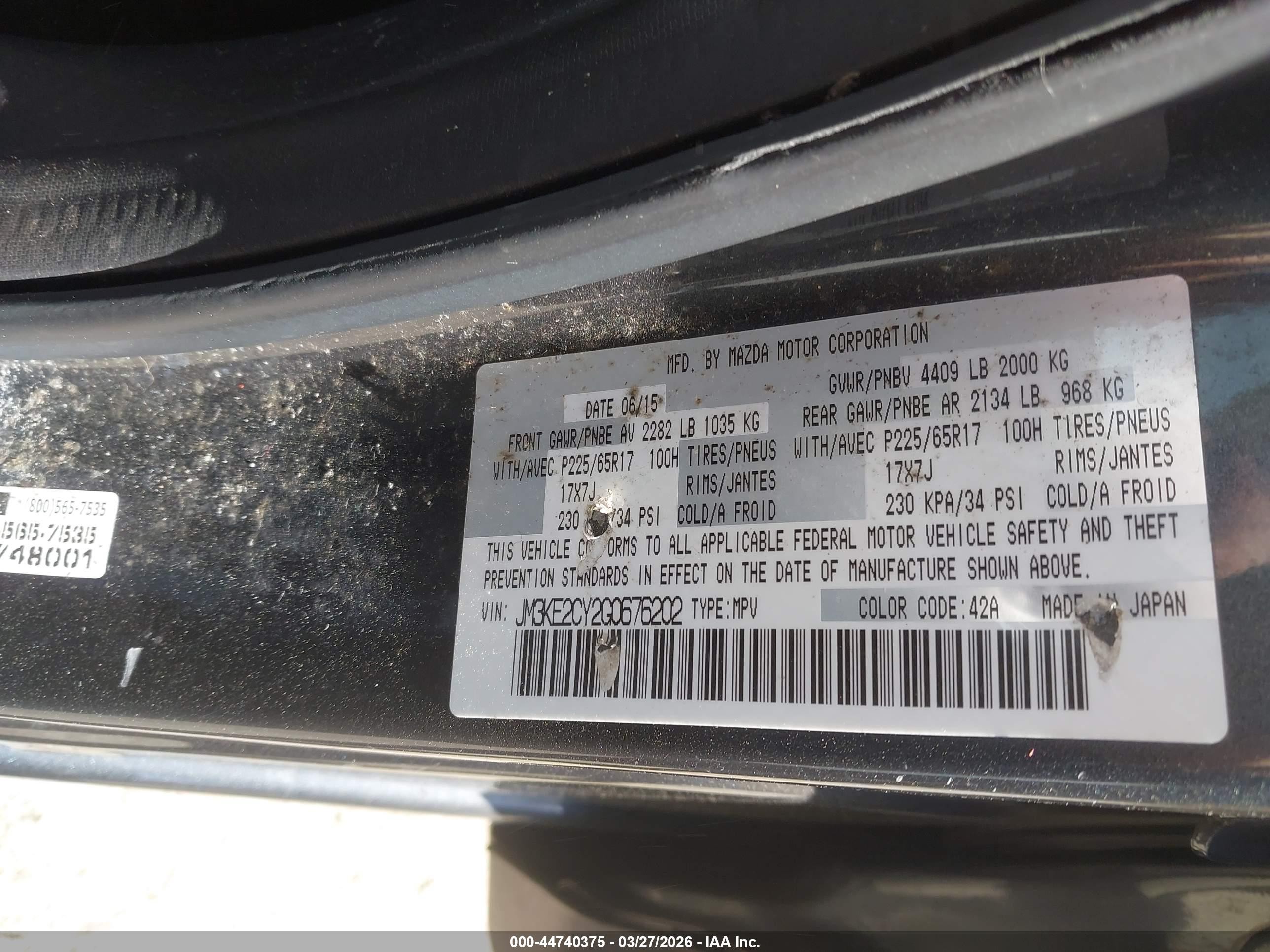 2016 Mazda CX-5 VIN JM3KE2CY2G0676202 IAAI salvage auction — Front End, Salvage (Texas), sold $550 on 2026-07-09 (photo 9)