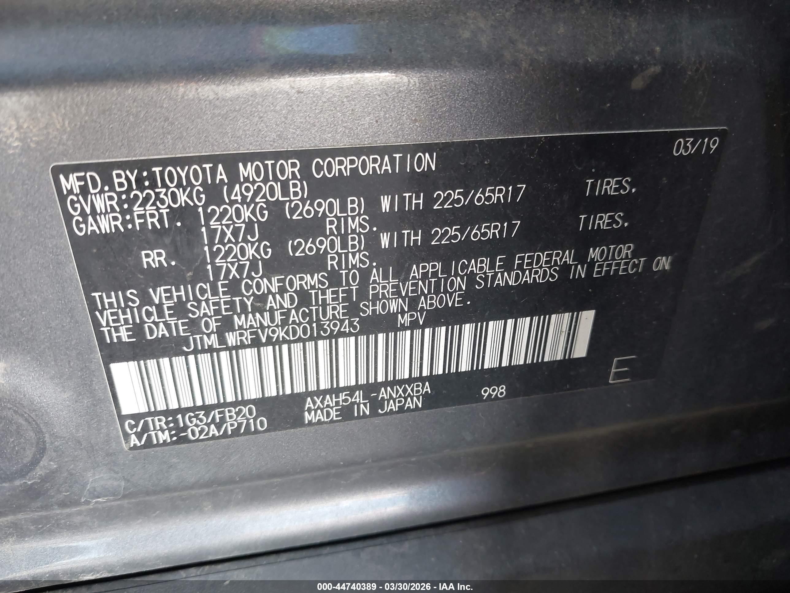 2019 Toyota RAV4 Hybrid VIN JTMLWRFV9KD013943 IAAI salvage auction — Rear End, Salvage (Oregon), sold $6,950 on 2026-07-09 (photo 9)