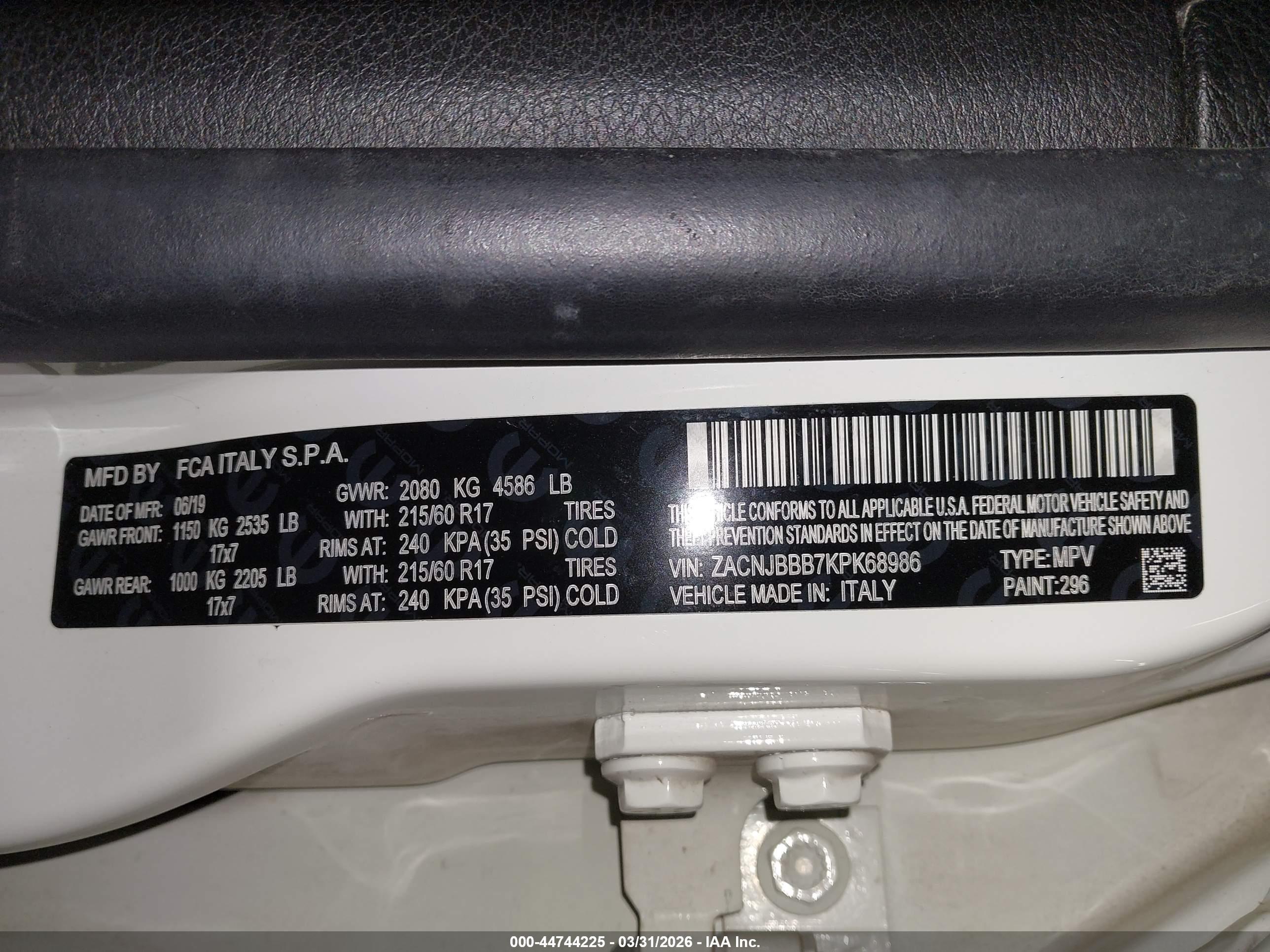 2019 Jeep Renegade VIN ZACNJBBB7KPK68986 IAAI salvage auction — Front End, Salvage (Utah), sold $275 on 2026-07-09 (photo 9)