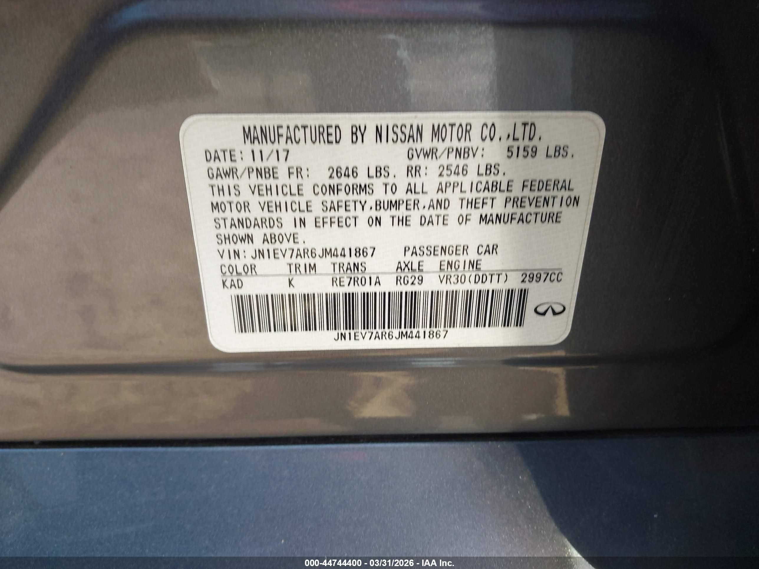 2018 Infiniti Q50 VIN JN1EV7AR6JM441867 IAAI salvage auction — Front End, Salvage - Greater Than 75% (Maryland), sold $5,500 on 2026-09-13 (photo 9)