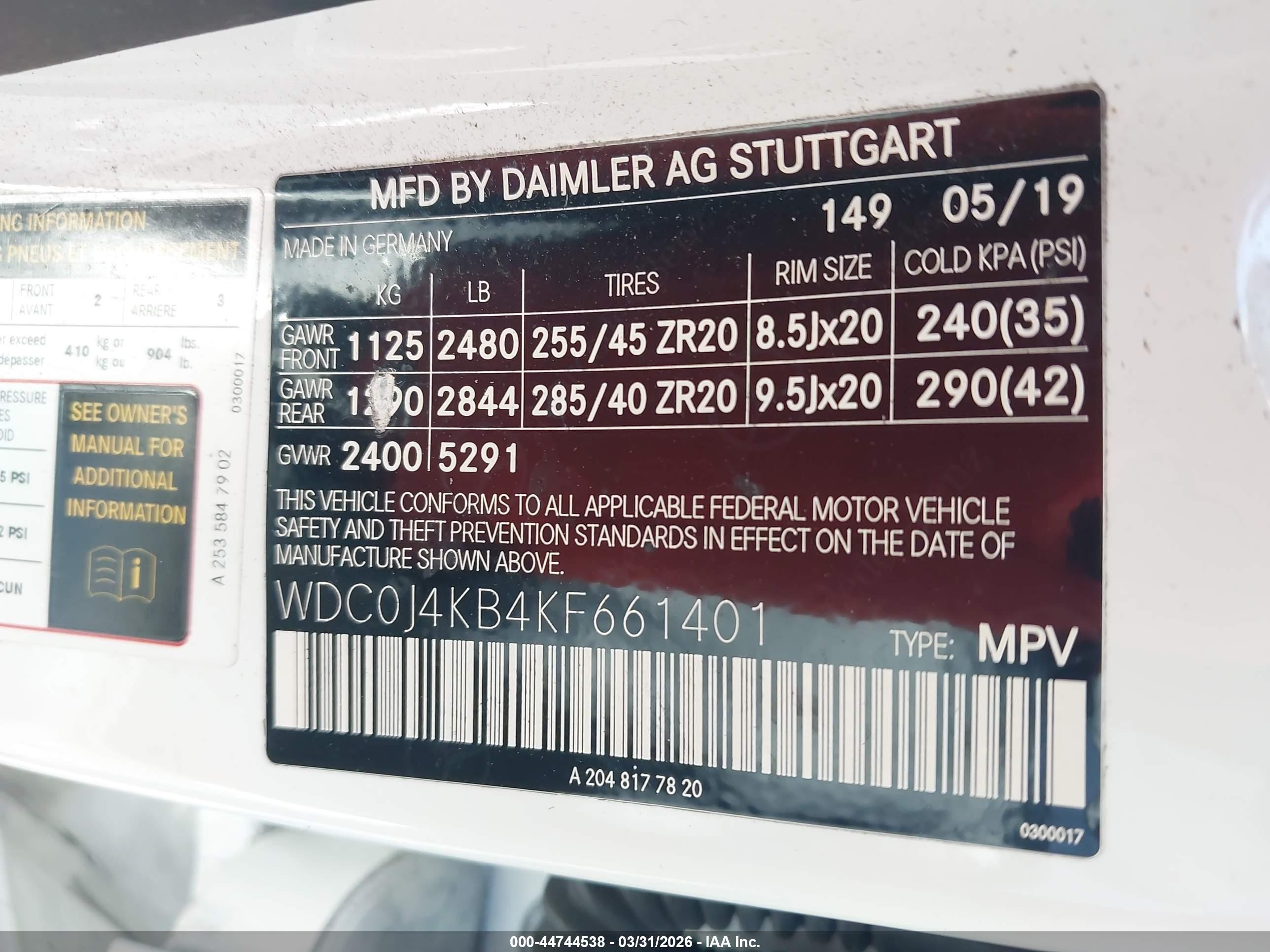 2019 Mercedes-benz Glc class VIN WDC0J4KB4KF661401 IAAI salvage auction — Side, Rebuildable (Florida), sold $7,075 on 2026-09-17 (photo 9)