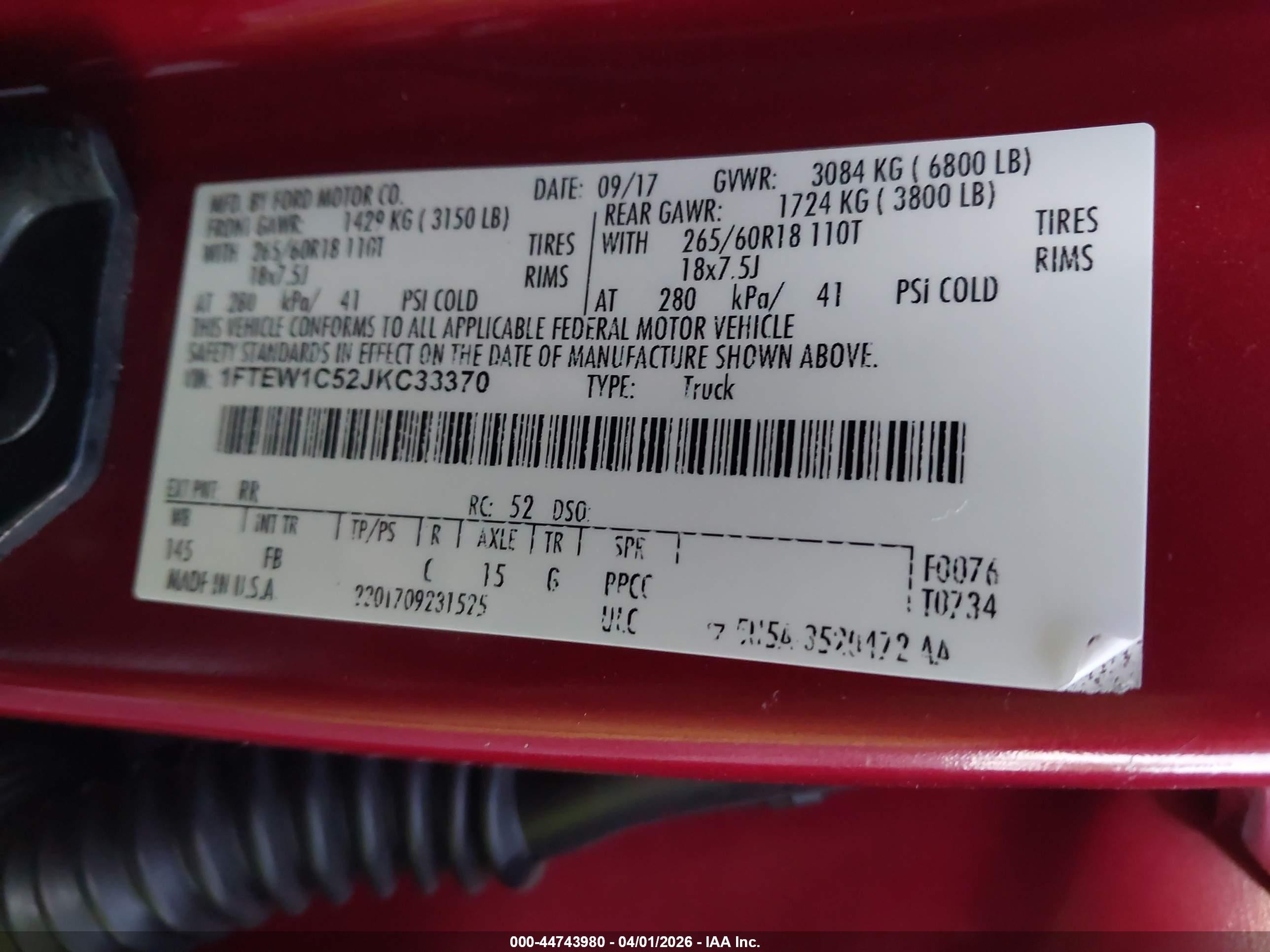 2018 Ford F-150 VIN 1FTEW1C52JKC33370 IAAI salvage auction — Front End, Salvage Certificate (California), sold $8,775 on 2026-07-10 (photo 9)