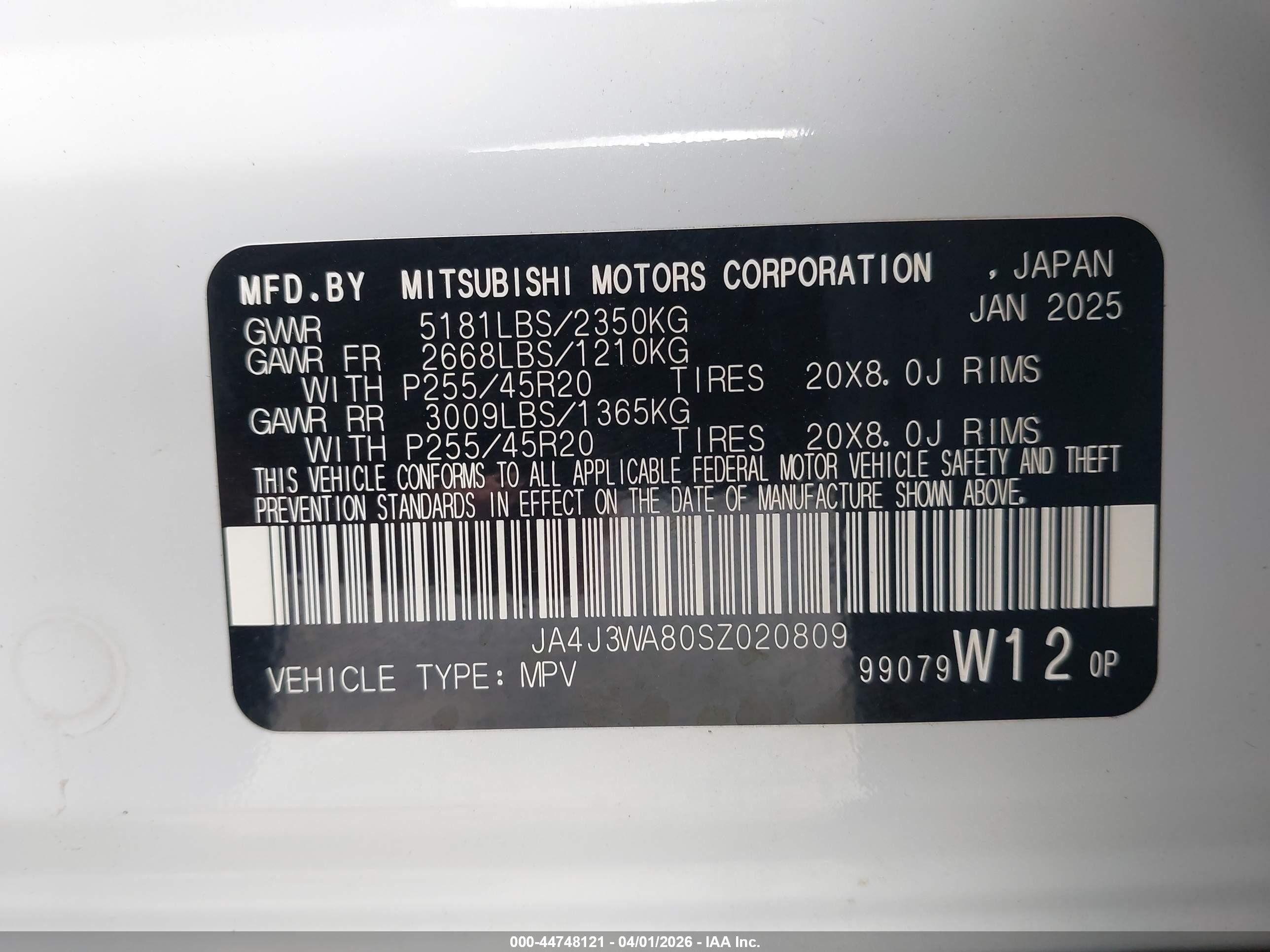 2025 Mitsubishi Outlander VIN JA4J3WA80SZ020809 IAAI salvage auction — Rear End, Original (Texas), sold $13,800 on 2026-09-12 (photo 9)