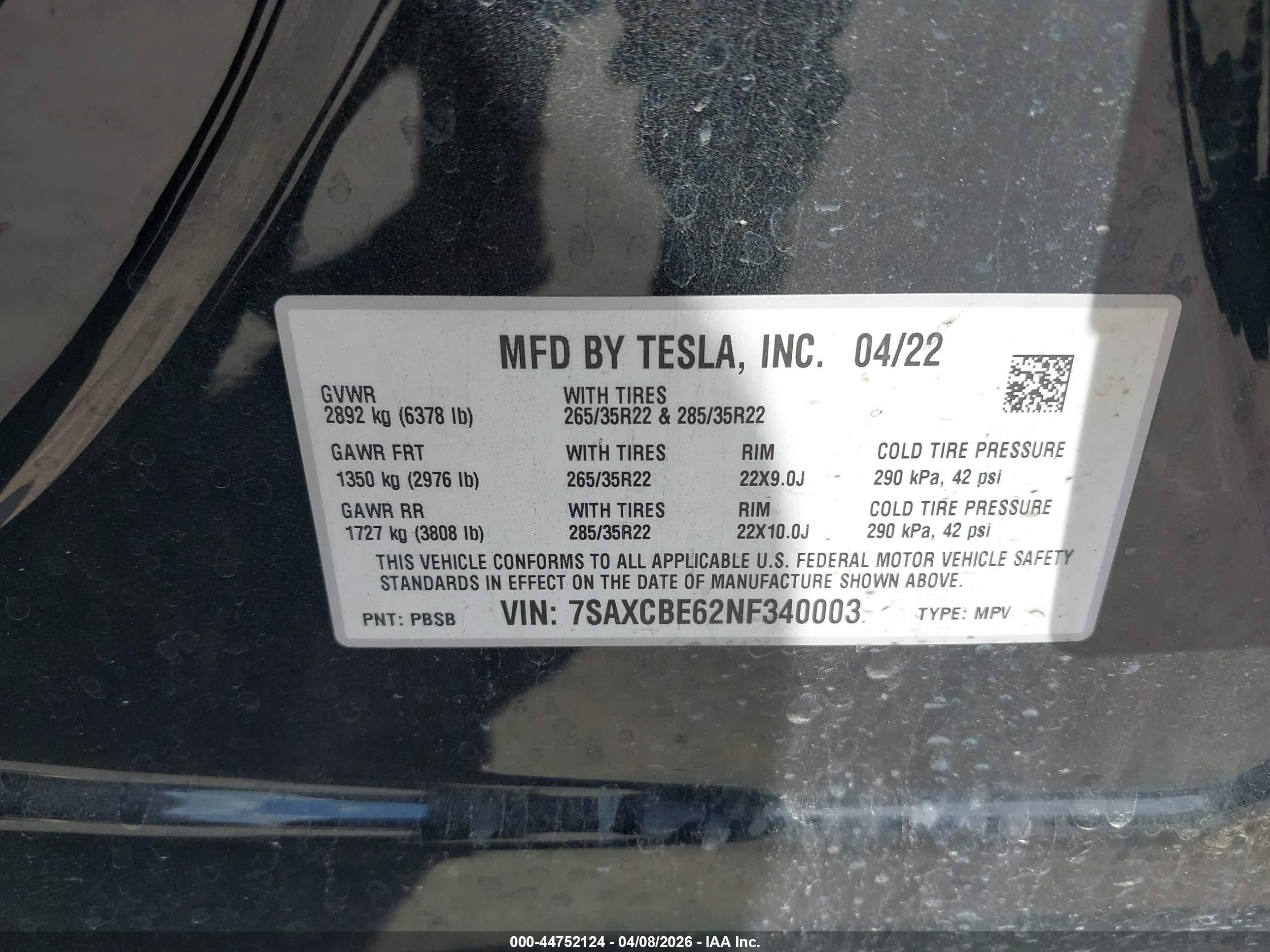 2022 Tesla Model x VIN 7SAXCBE62NF340003 IAAI salvage auction — Unknown, Original (Texas), sold $24,100 on 2026-08-30 (photo 9)