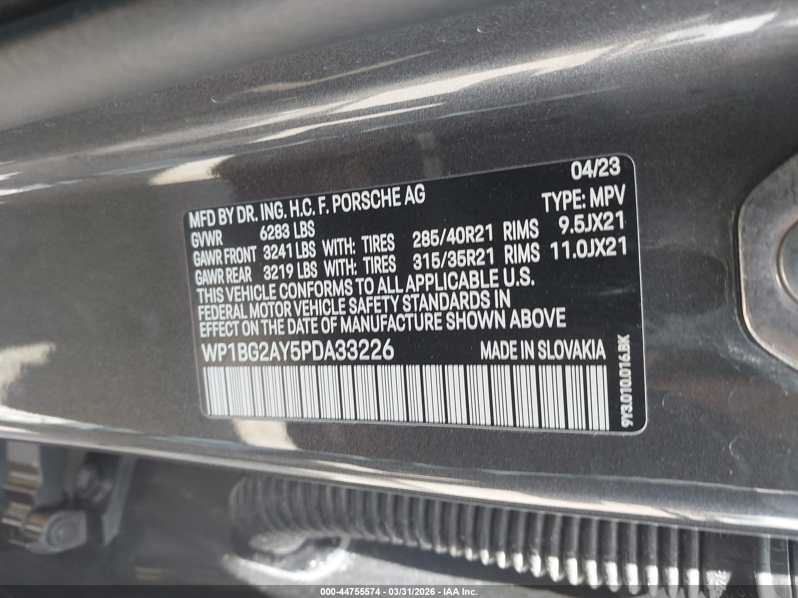 2023 Porsche Cayenne coupe VIN WP1BG2AY5PDA33226 IAAI salvage auction — Front & Rear, Certificate Of Destruction (Florida), sold $37,500 on 2026-03-23 (photo 9)