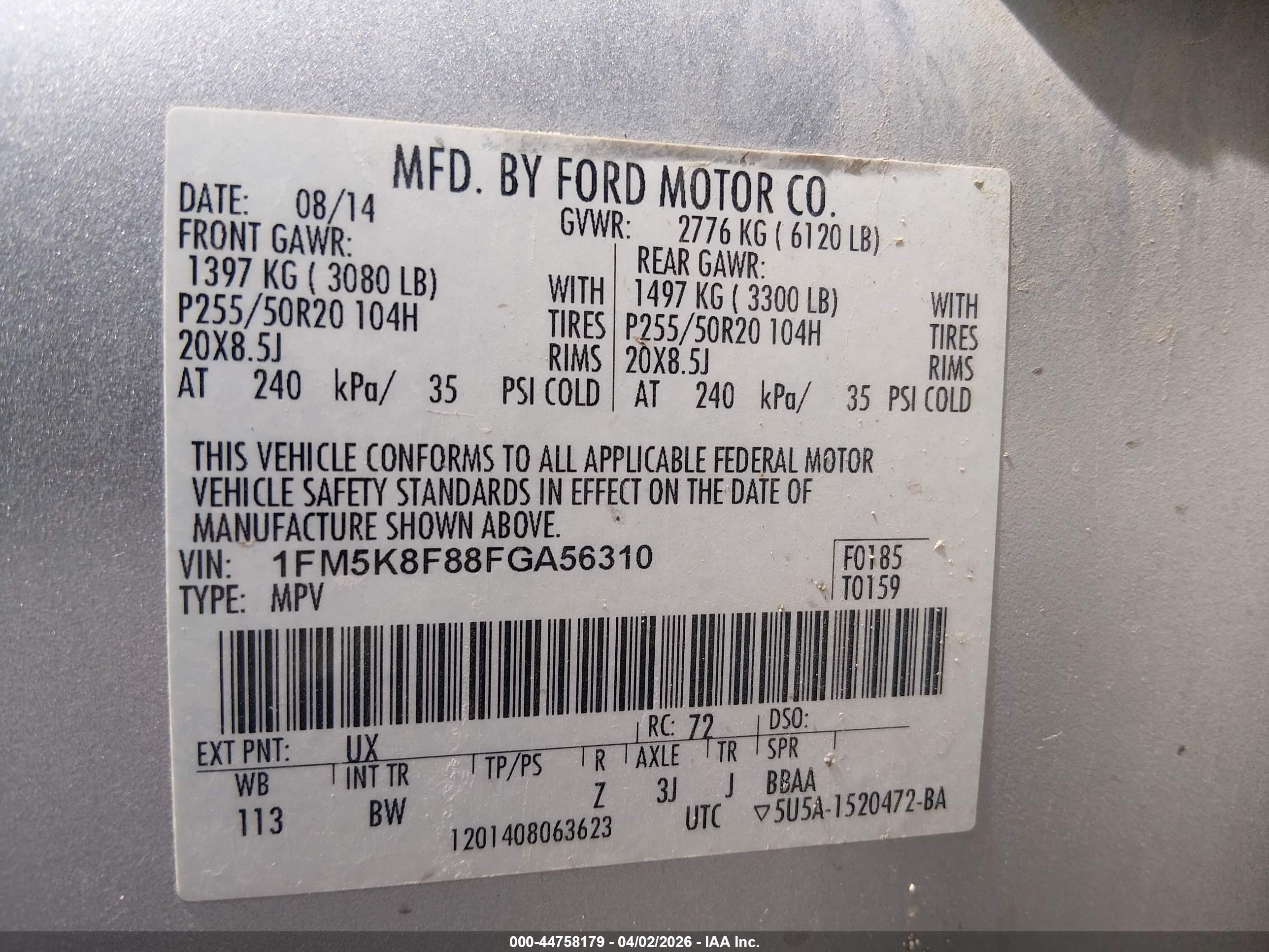2015 Ford Explorer VIN 1FM5K8F88FGA56310 IAAI salvage auction — Front End, Salvage (Nevada), sold $925 on 2026-07-10 (photo 9)