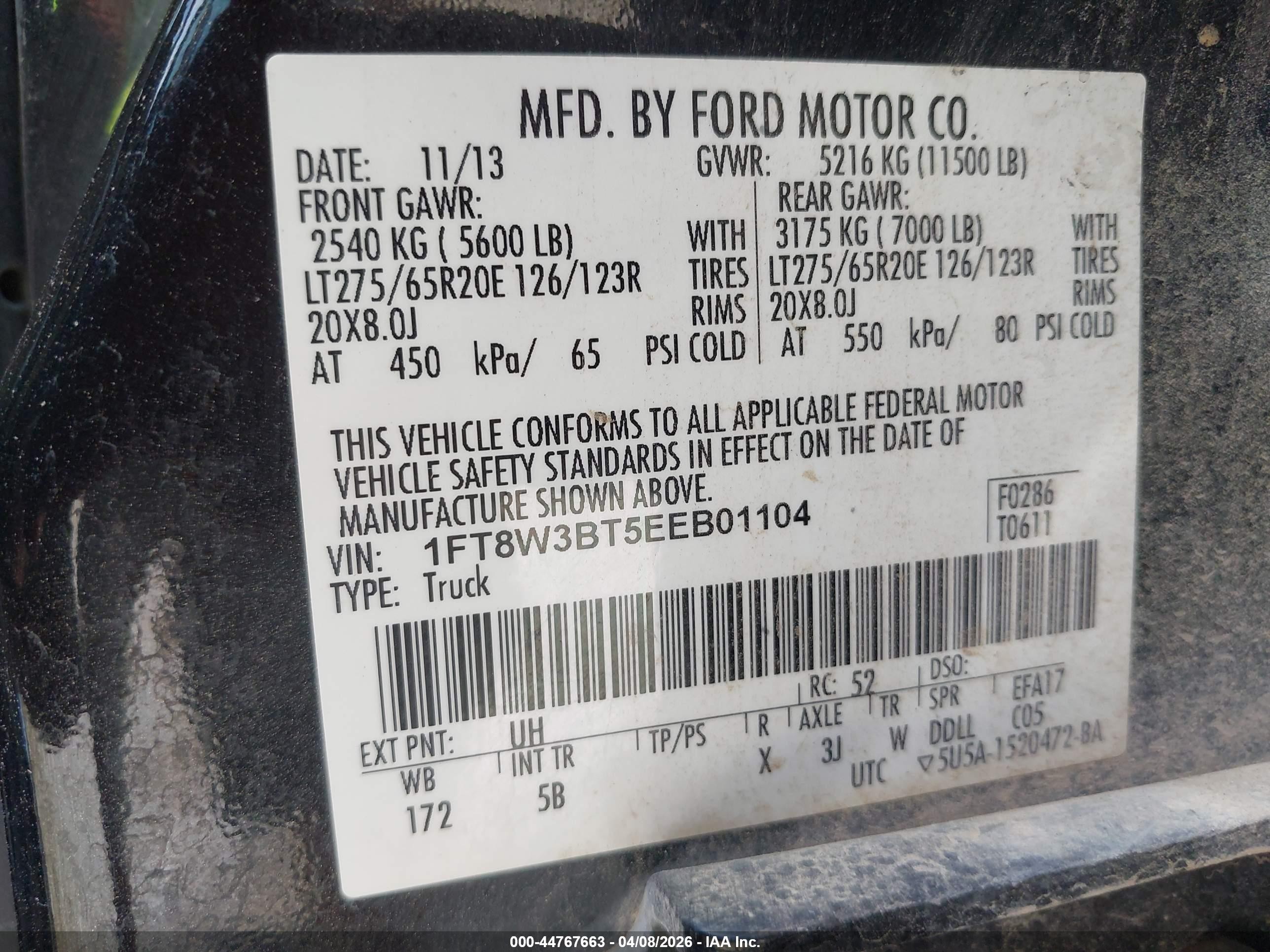 2014 Ford VIN 1FT8W3BT5EEB01104 IAAI salvage auction — Unknown, Salvage (Arkansas), sold $5,775 on 2026-10-13 (photo 9)
