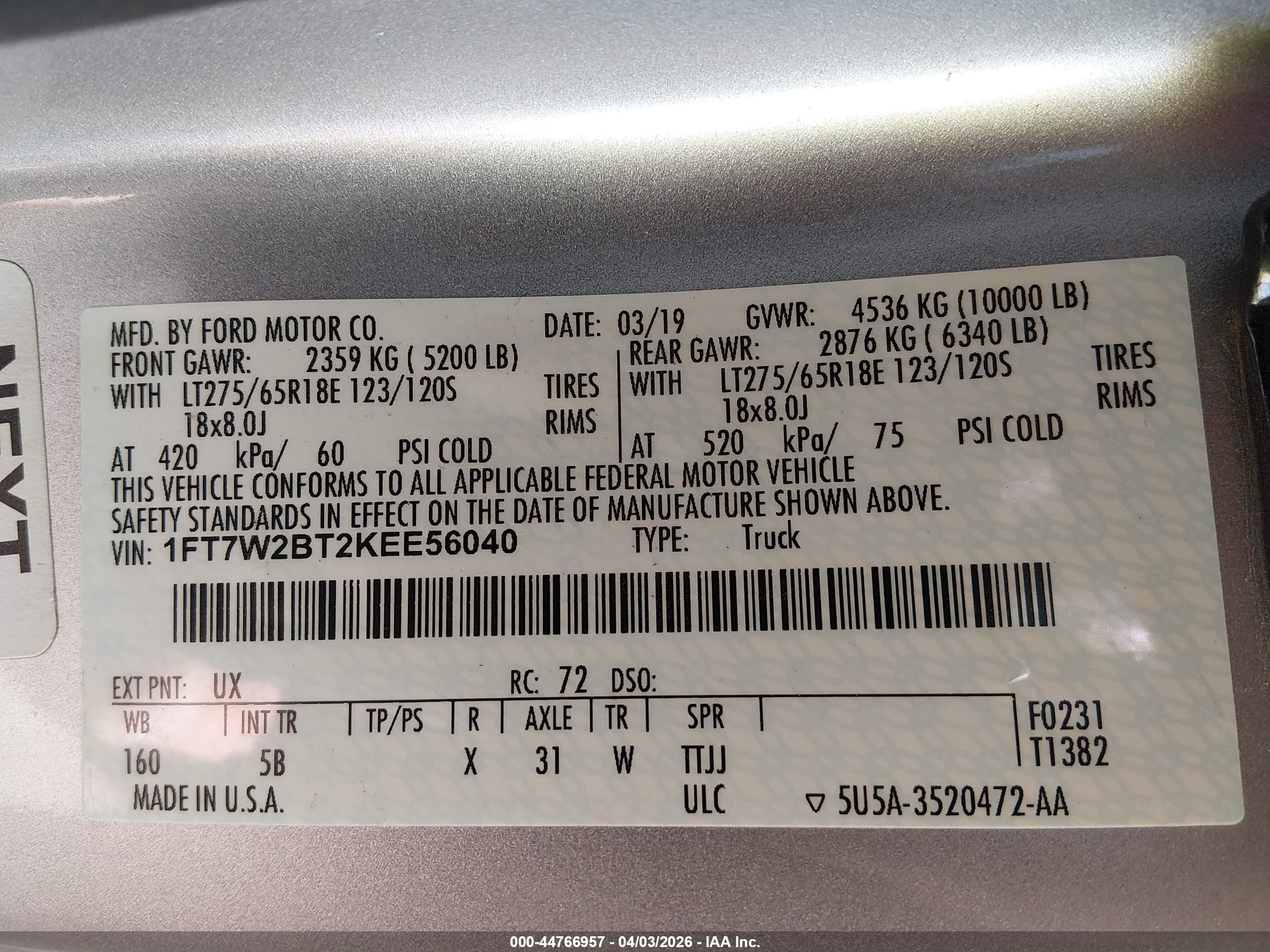 2019 Ford F-250 VIN 1FT7W2BT2KEE56040 IAAI salvage auction — Front End, Salvage (Utah), sold $10,500 on 2026-07-09 (photo 9)
