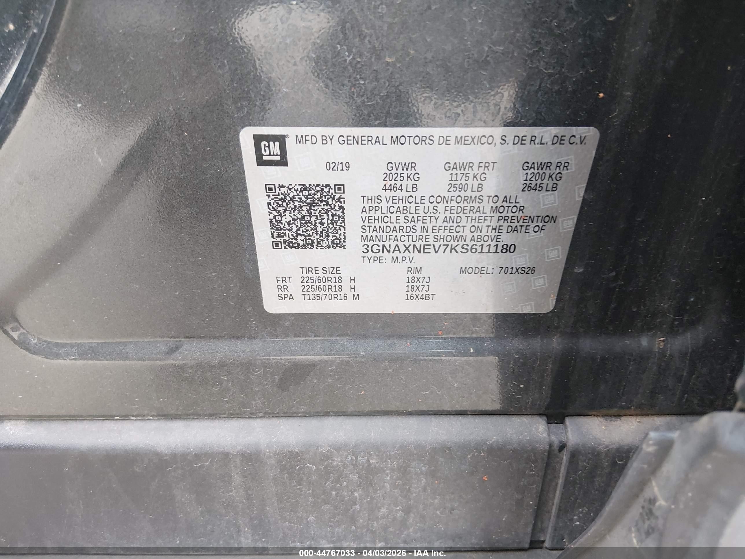 2019 Chevrolet Equinox VIN 3GNAXNEV7KS611180 IAAI salvage auction — Hail, Salvage (Illinois), sold $3,300 on 2026-07-11 (photo 9)