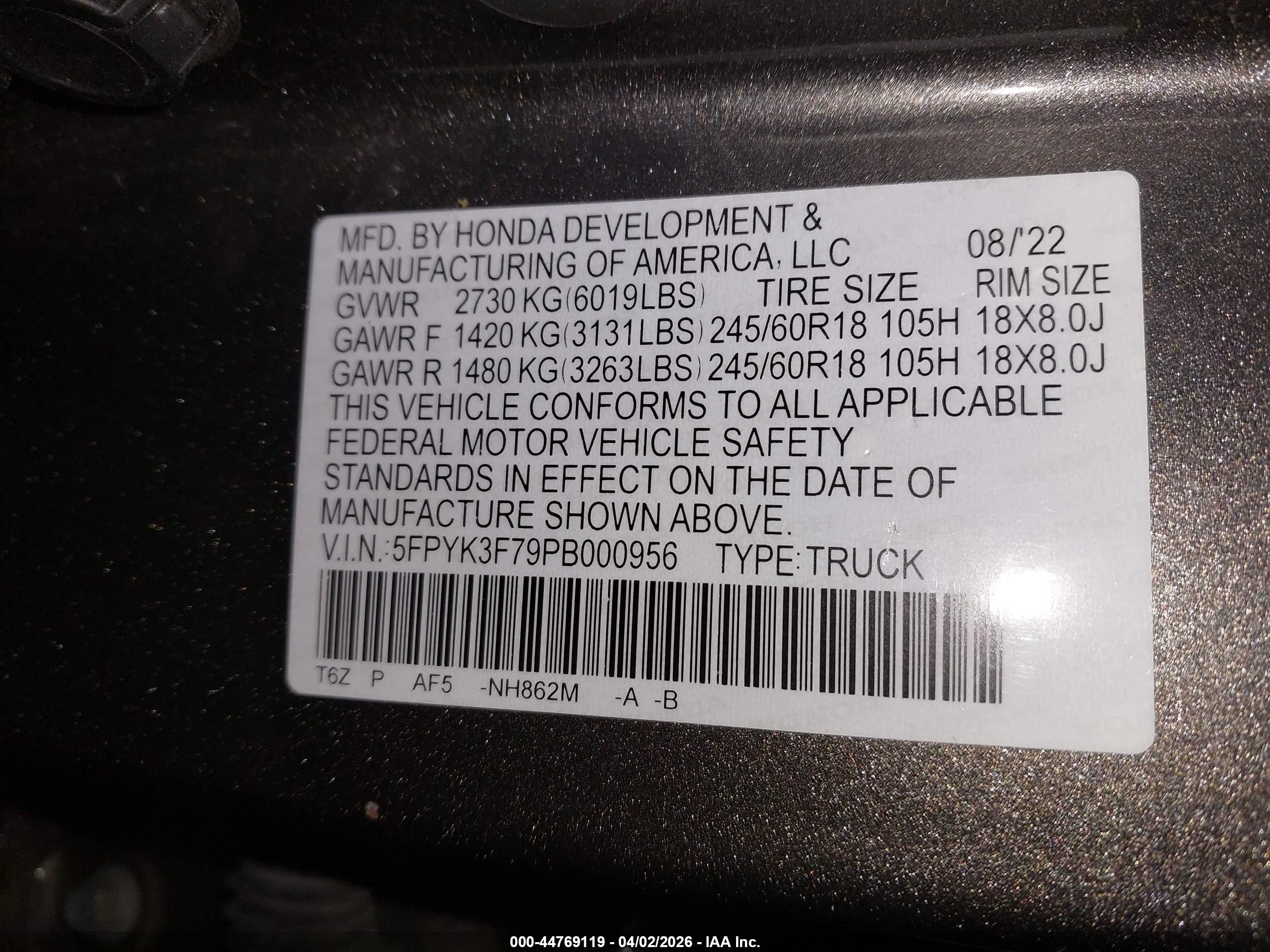 2023 Honda Ridgeline VIN 5FPYK3F79PB000956 IAAI salvage auction — Front End, Salvage (Oregon), sold $8,350 on 2026-07-09 (photo 9)