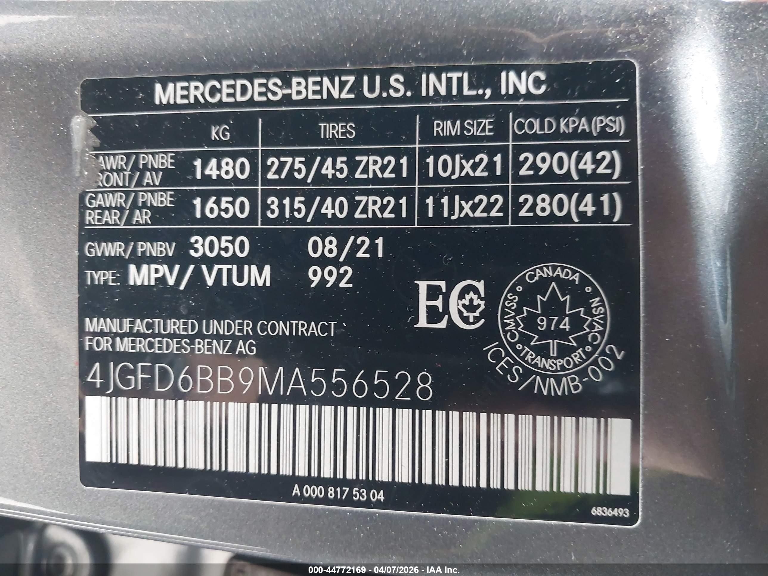 2021 Mercedes-benz Gle class VIN 4JGFD6BB9MA556528 IAAI salvage auction — Theft, Mv-907A (New York), sold $27,000 on 2026-09-03 (photo 9)