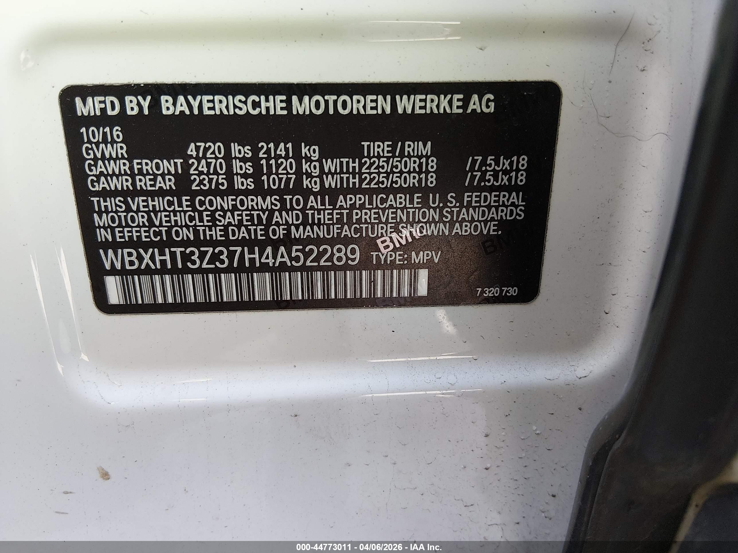 2017 BMW X1 VIN WBXHT3Z37H4A52289 IAAI salvage auction — Unknown, Salvage (Massachusetts), sold $3,800 on 2026-09-11 (photo 9)
