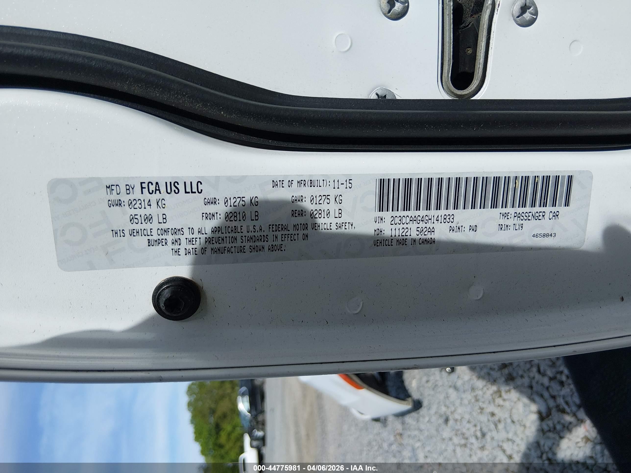 2016 Chrysler 300 VIN 2C3CCAAG4GH141833 IAAI salvage auction — Front End, Salvage (South Carolina), sold $1,350 on 2026-09-11 (photo 9)