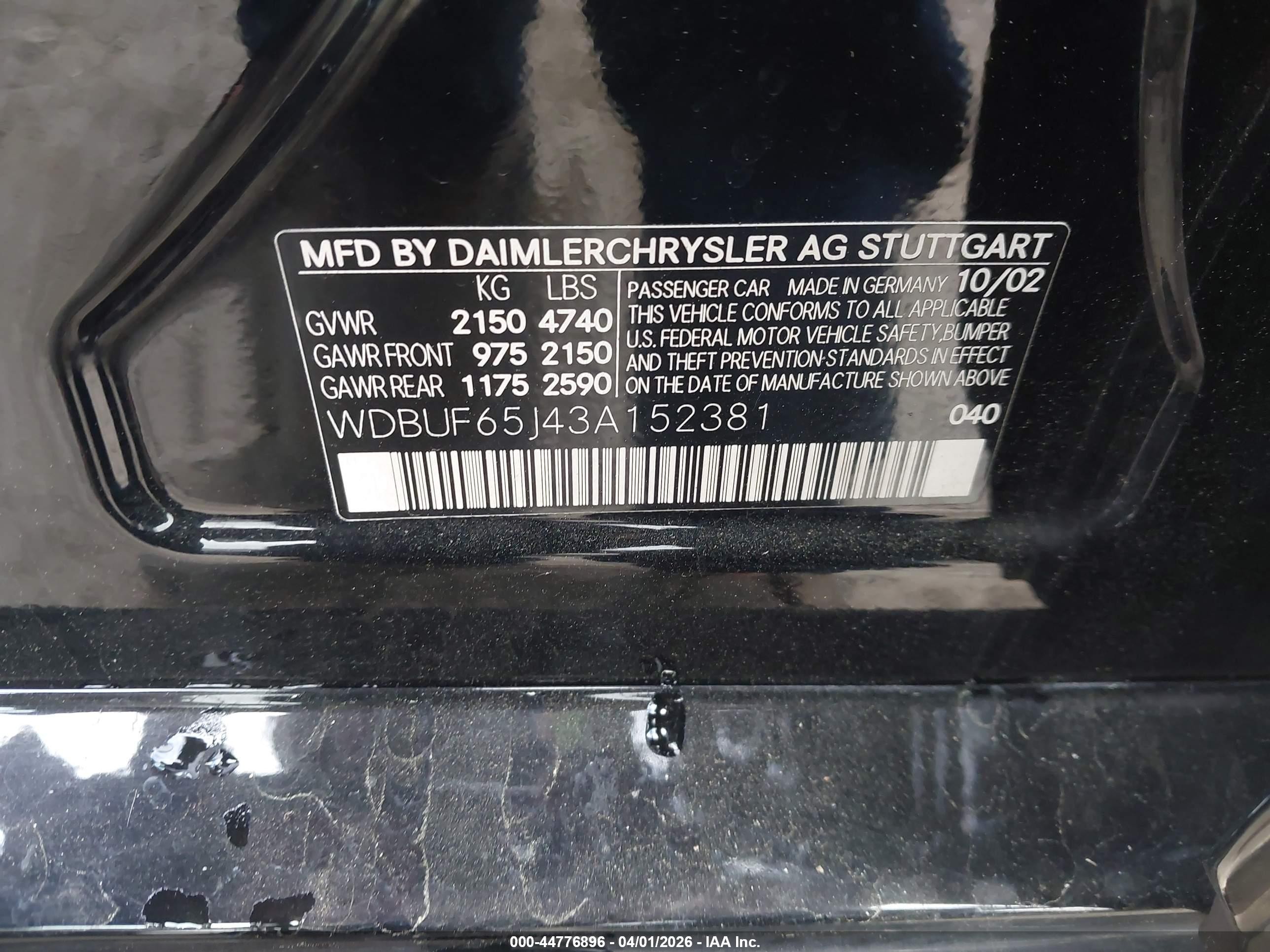 2003 Mercedes-Benz E-Class VIN WDBUF65J43A152381 IAAI salvage auction — Front End, Salvage (California), sold $300 on 2026-07-09 (photo 9)